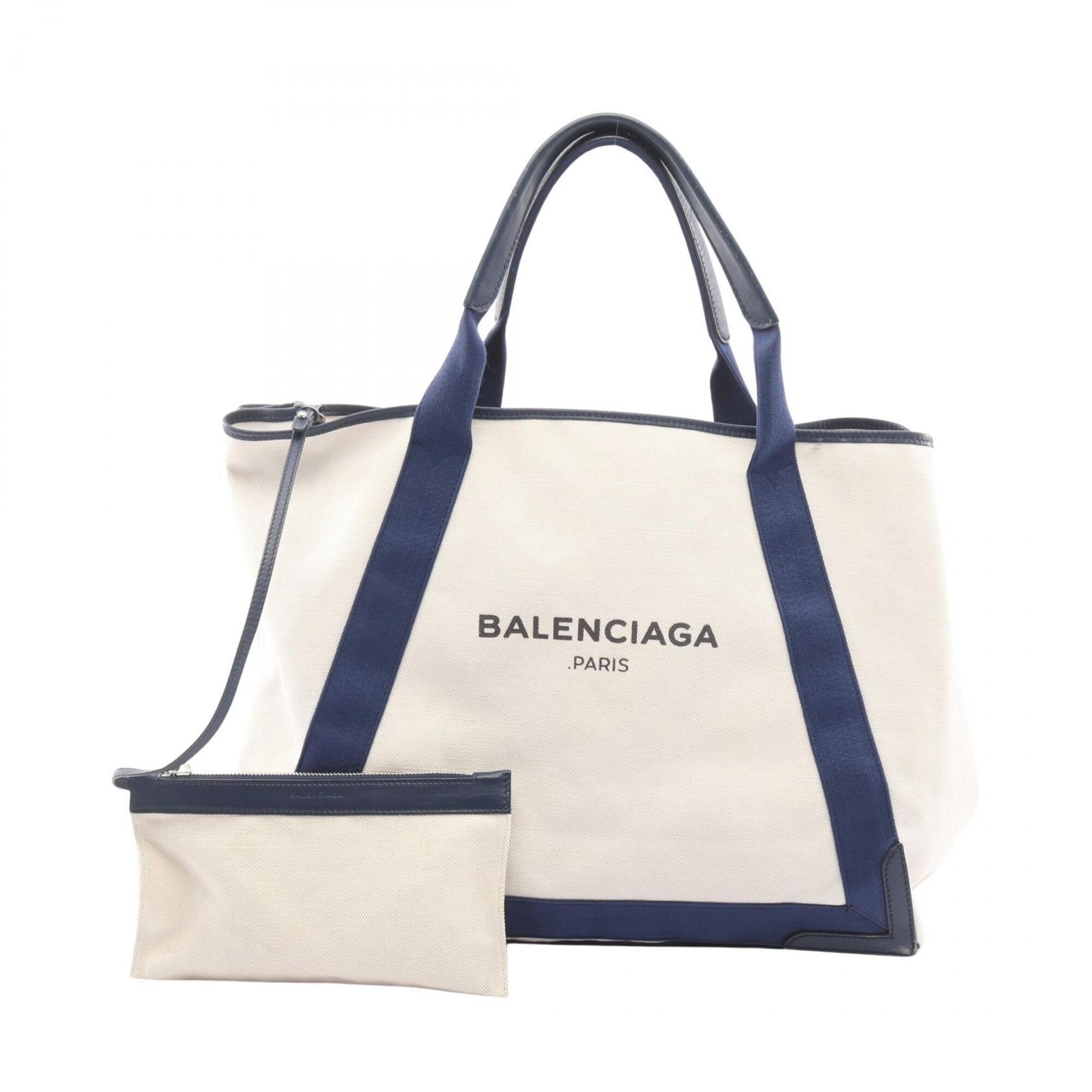 Balenciaga Navy White Canvas Leather Handbag Tote