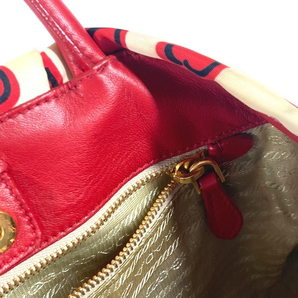 Prada Red Color White Leather Nylon Handbag Tote Bag