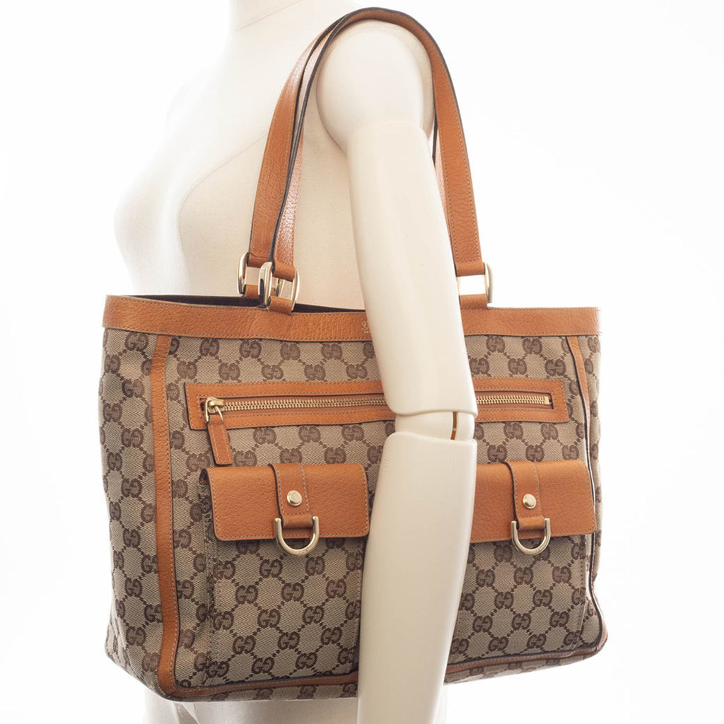 Gucci Abbey Beige Brown Gg Canvas Leather Tote Bag (Pre-Owned)