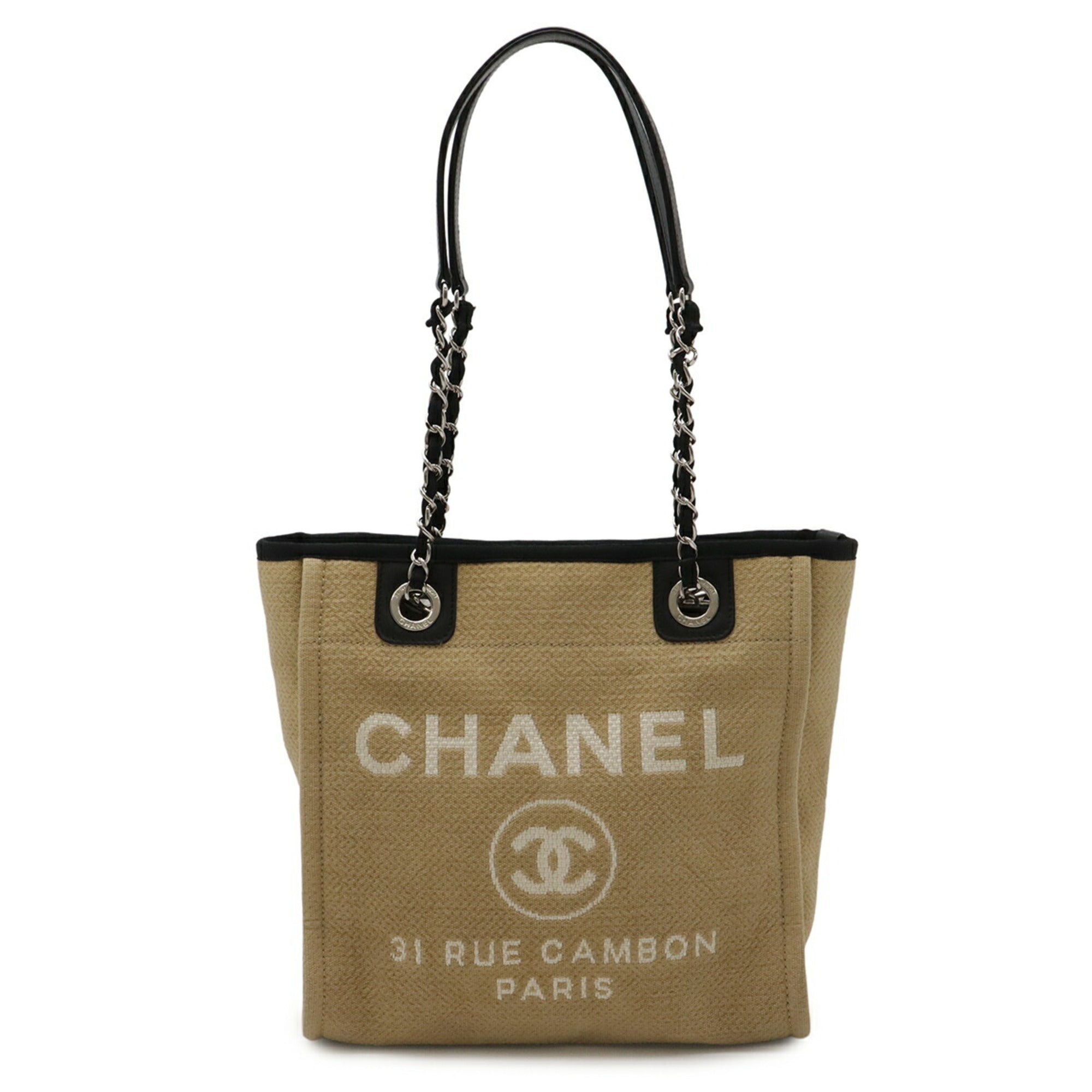 Chanel Beige Black Canvas Shoulder Bag Tote Bag