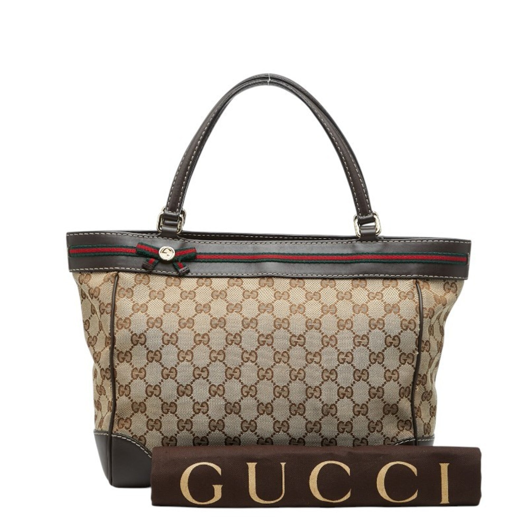 Gucci Gg Canvas Beige Brown Gg Canvas Leather Handbag Tote Bag (Pre-Owned)