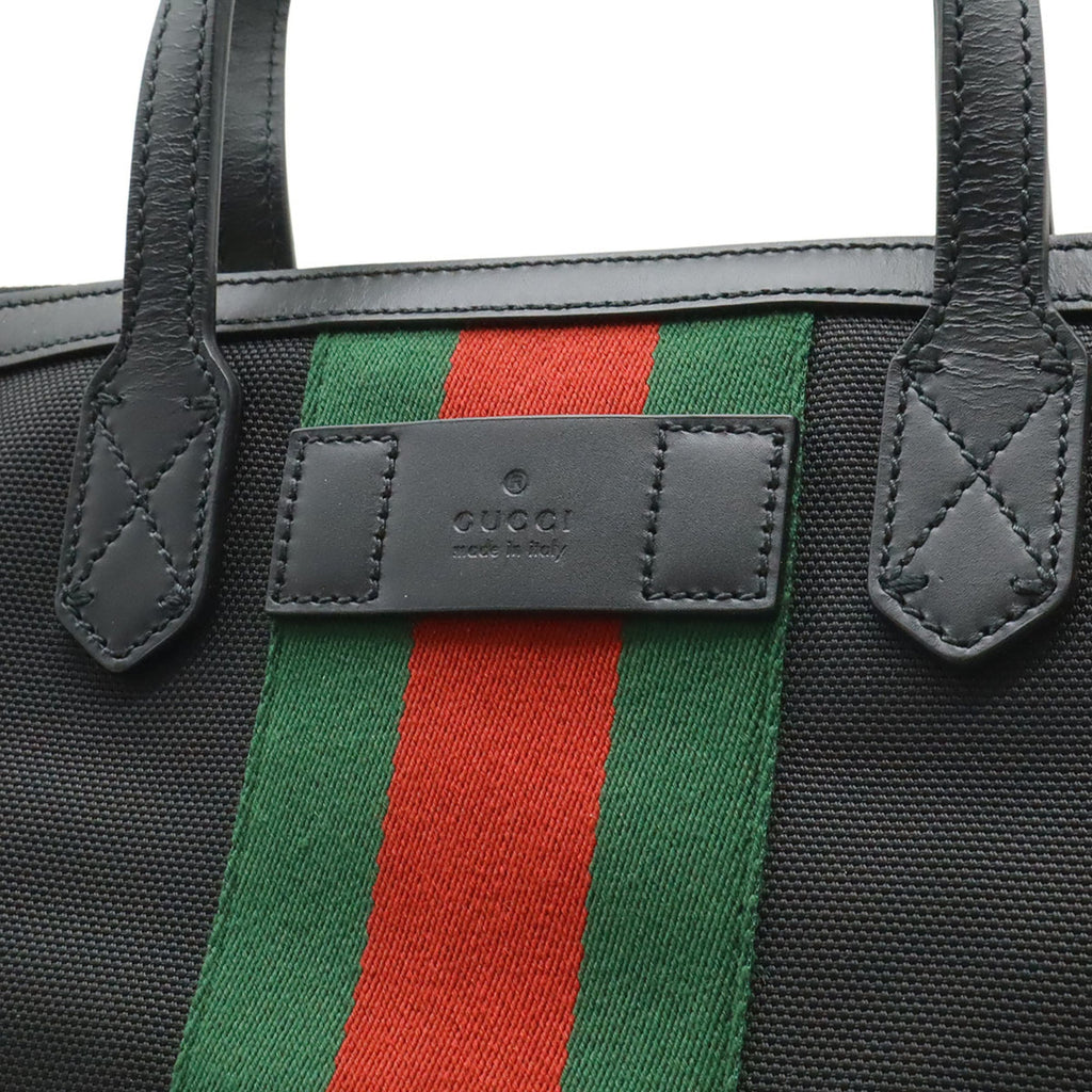 Gucci Sherry Line Black Green Red Color Nylon Canvas Leather Shoulder Bag Tote Bag (Pre-Owned)