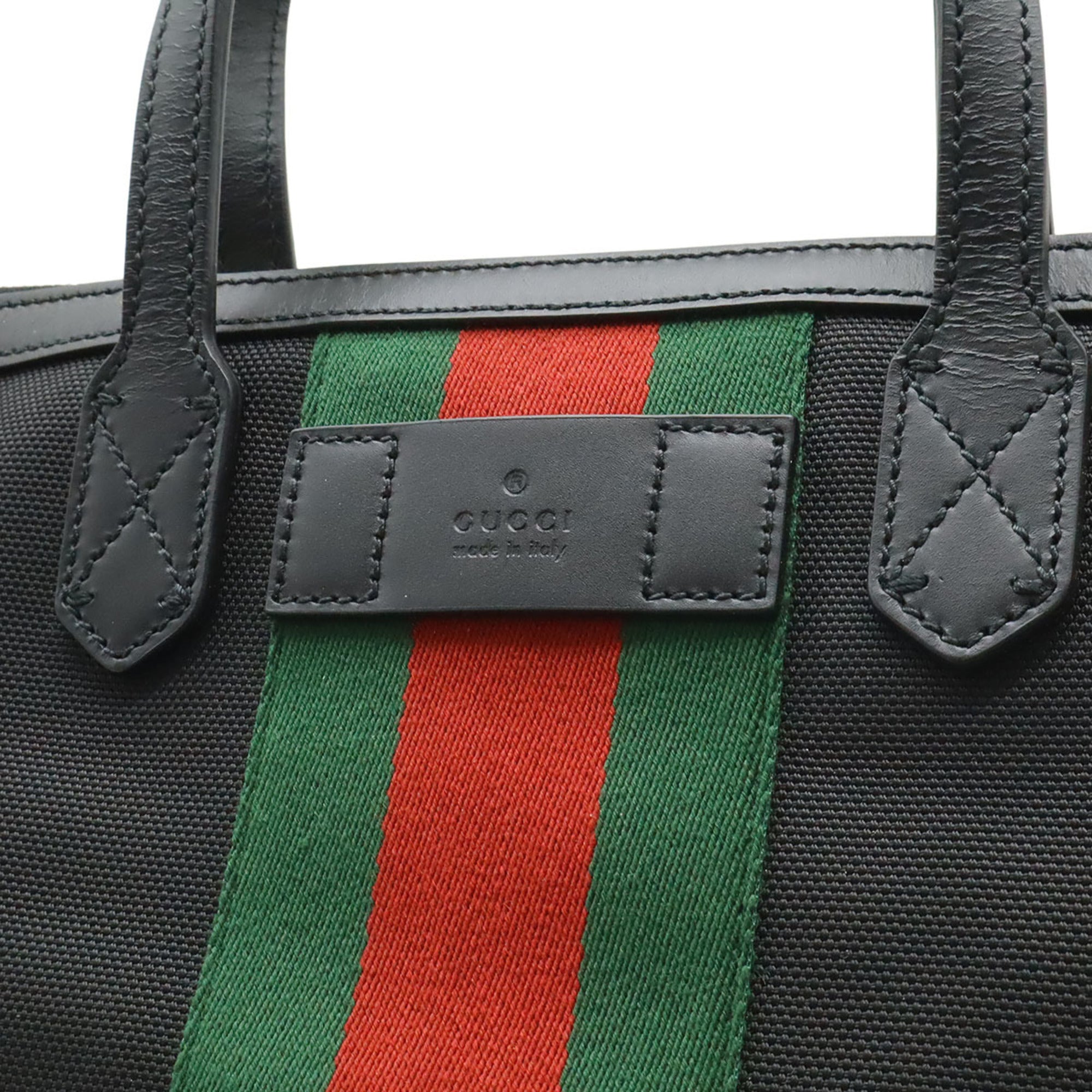 Gucci Sherry Line Black Green Red Color Nylon Canvas Leather Shoulder Bag Tote Bag (Pre-Owned)