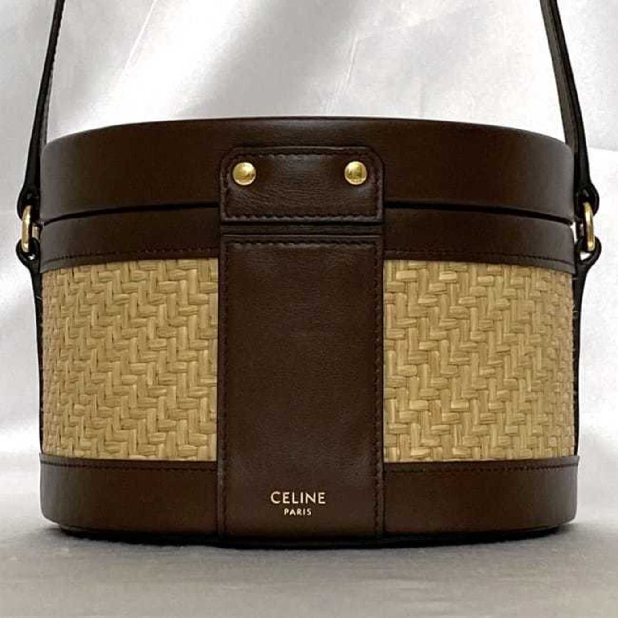 Celine Beige Brown Straw Leather Shoulder Bag