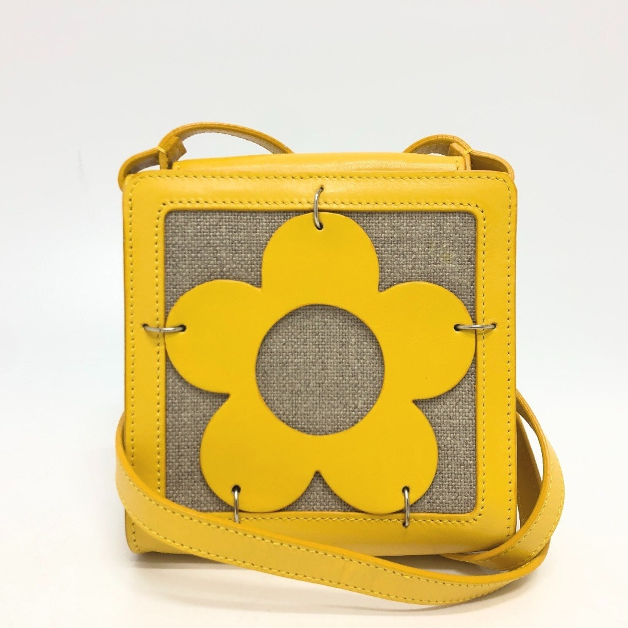Celine Beige Yellow Leather Canvas Pochette Shoulder Bag
