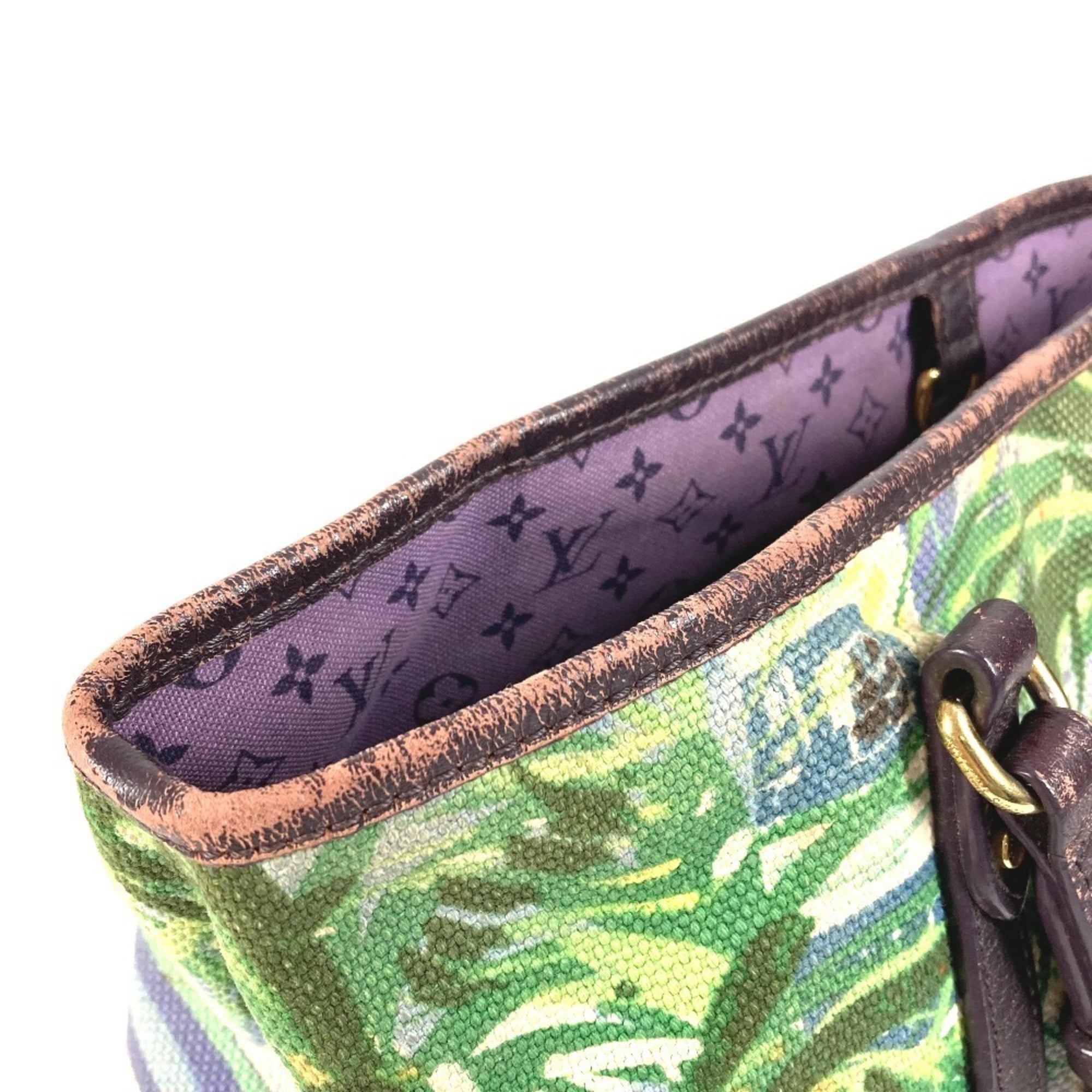 Louis Vuitton Green Leather Canvas Shoulder Bag Tote Bag