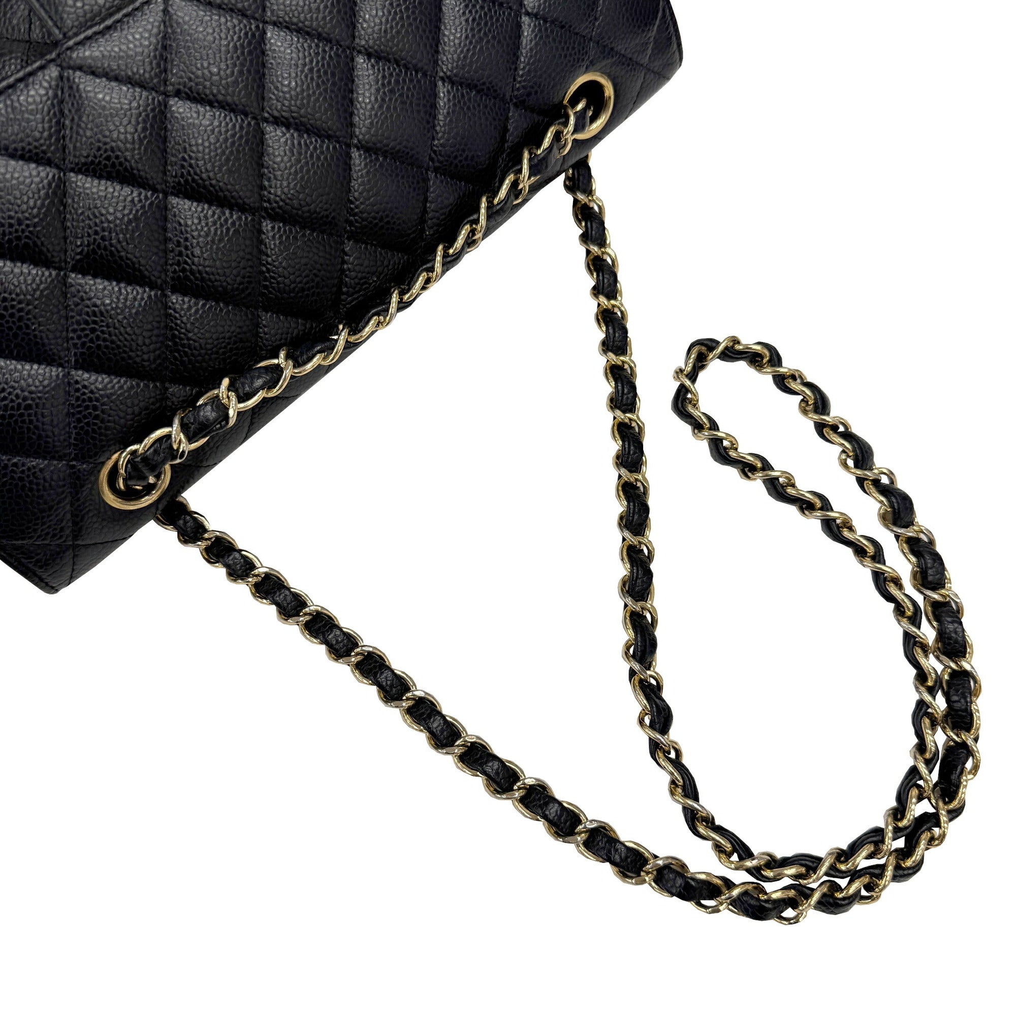 Chanel Gold Black Grained Calfskin Leather Chain/Shoulder Wallet