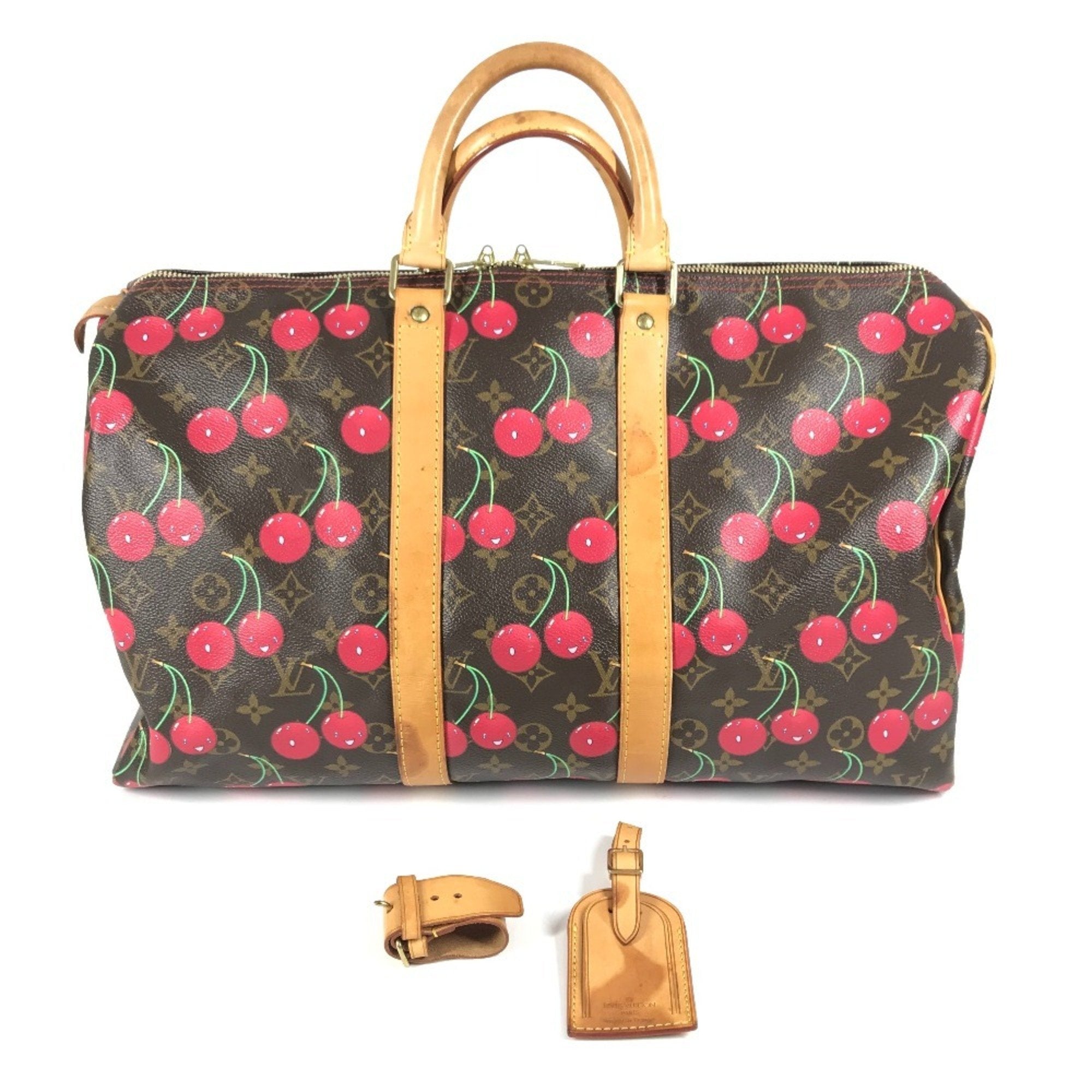 Louis Vuitton Brown Red Color Monogram Cherry Blossom Canvas Boston Bag