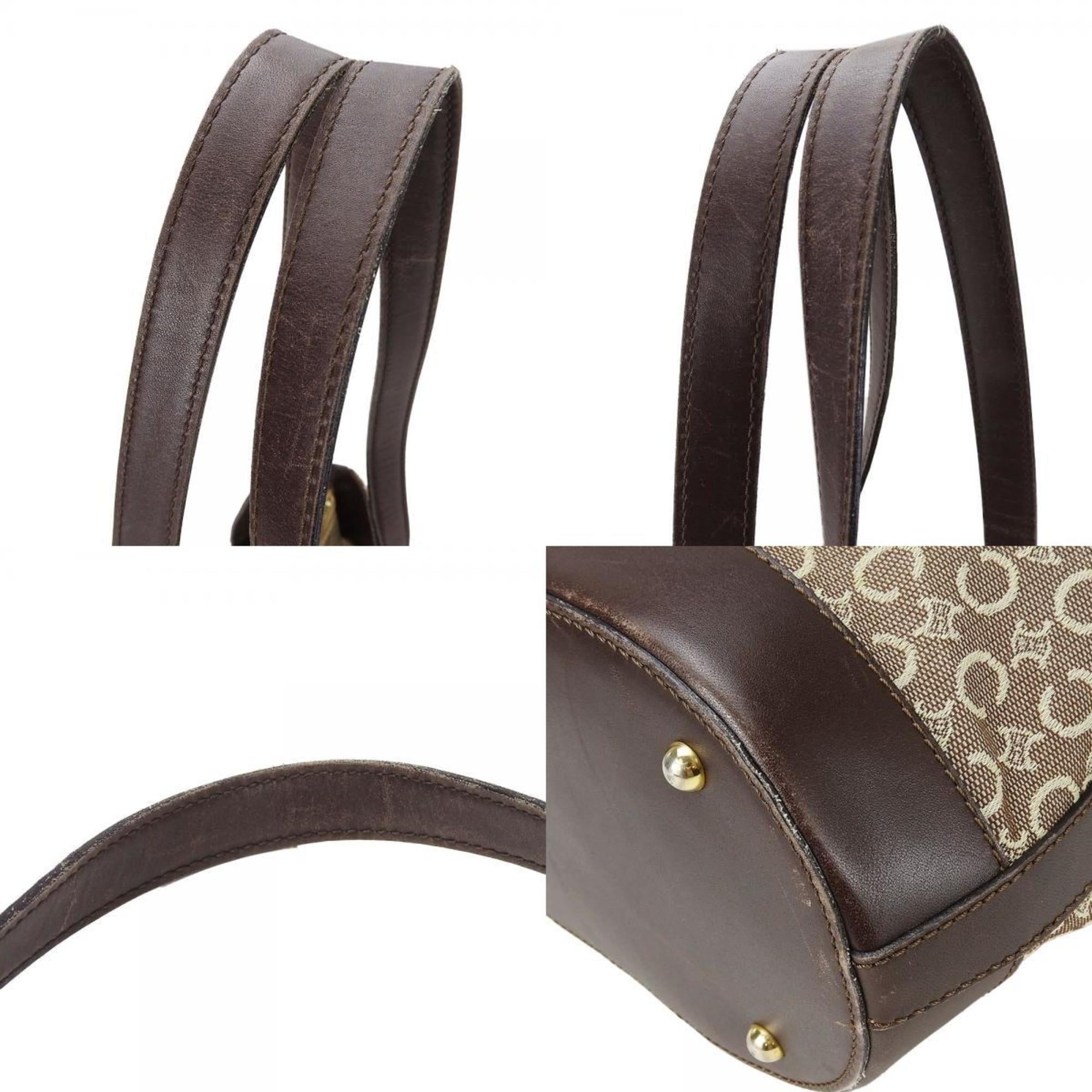 Celine Beige Dark Brown Canvas Leather Tote Bag