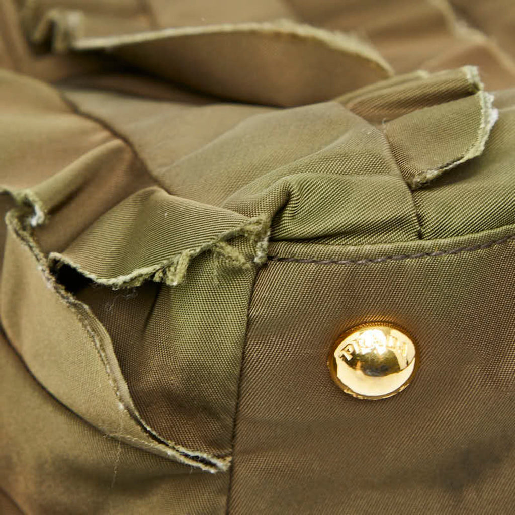 Prada Brown Khaki Nylon Leather Handbag Tote Bag