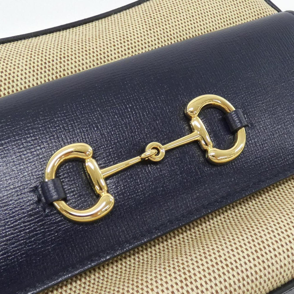 Gucci Beige Navy Canvas Leather Shoulder Bag (Pre-Owned)