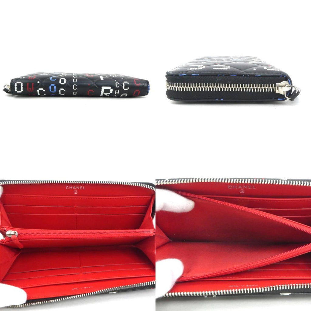 Chanel Black Blue Red Color White Leather Long Wallet (Bi-Fold)