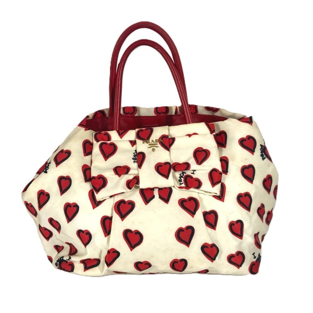 Prada Red Color White Leather Nylon Handbag Tote Bag