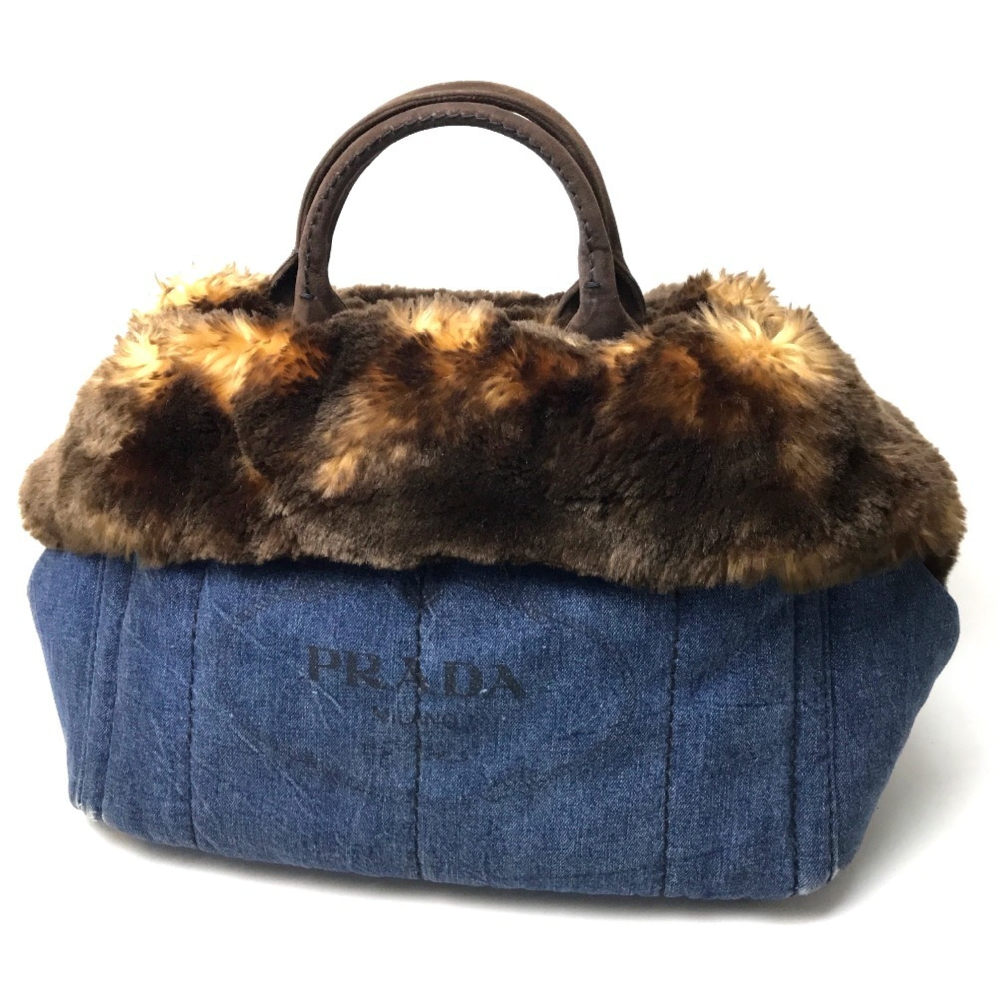Prada Canapa Blue Brown Canapa Suede Faux Fur Handbag Tote Bag