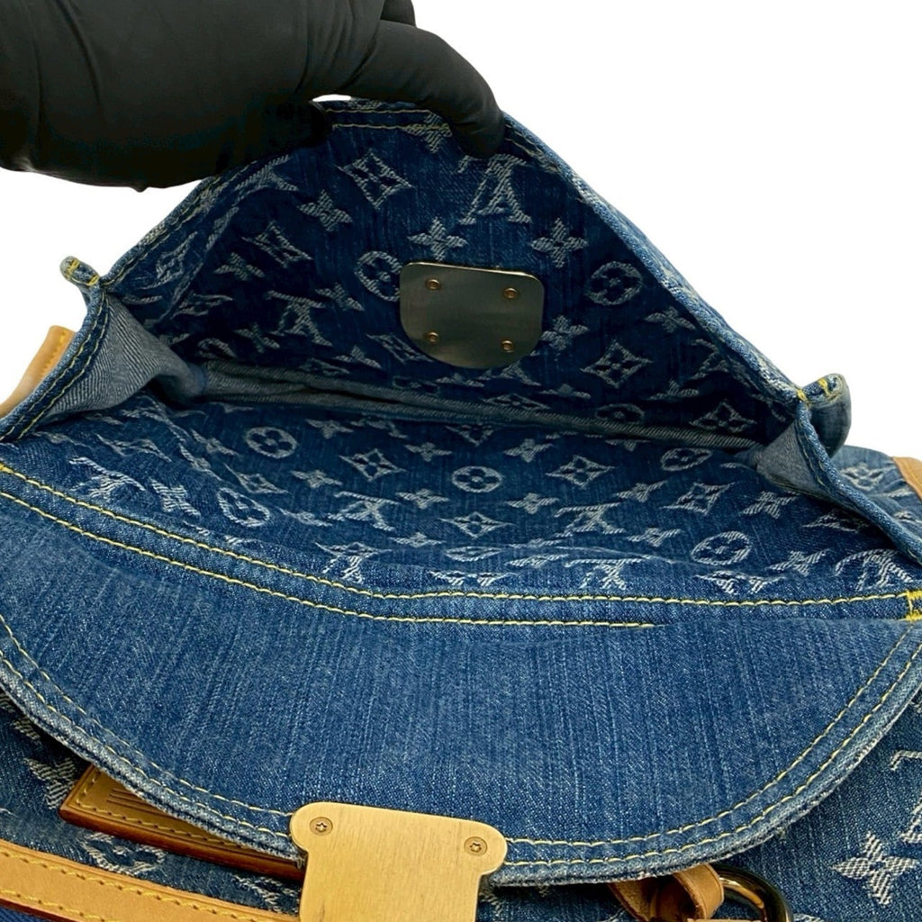 Louis Vuitton Beige Blue Denim Leather Handbag Tote Bag