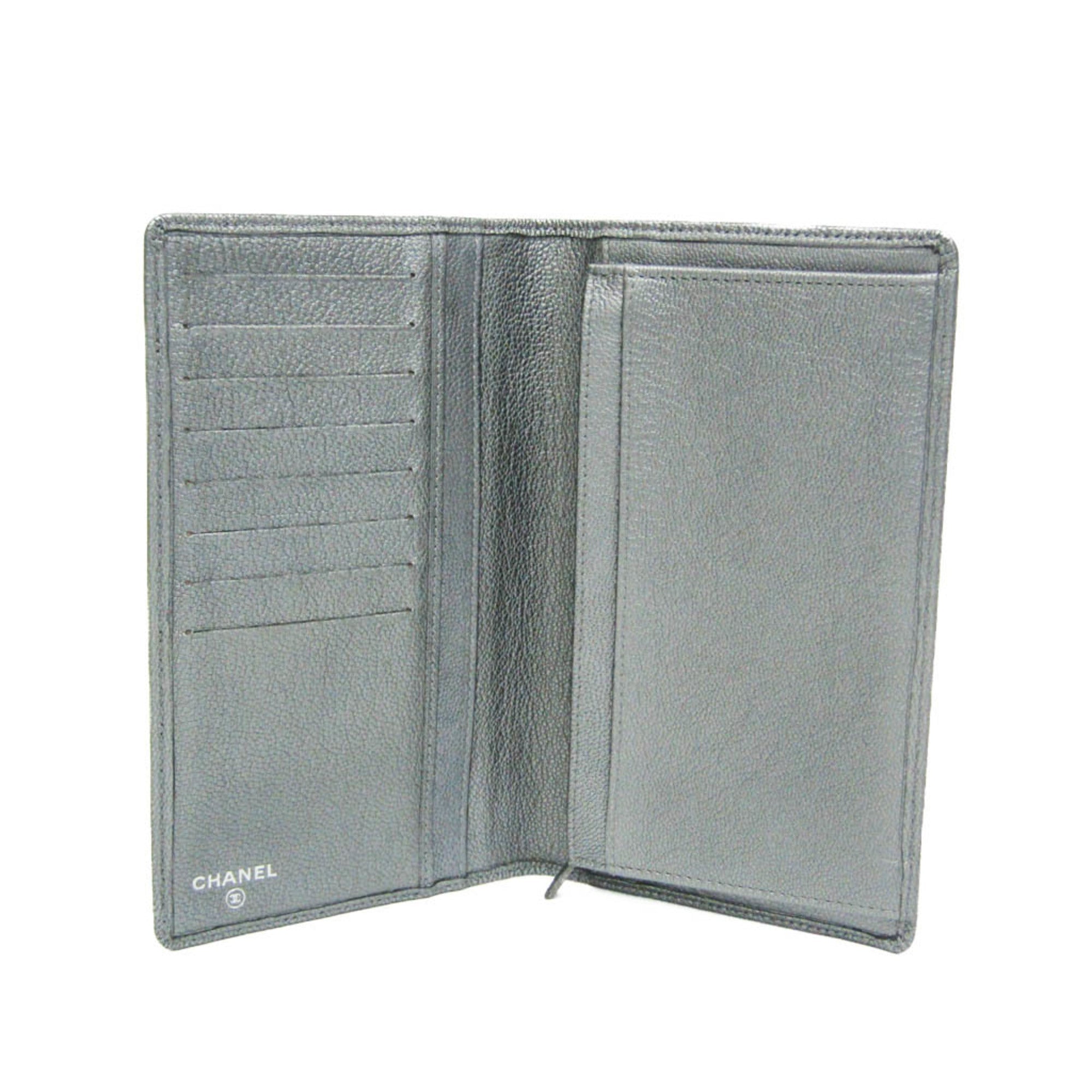 Chanel Coco Button Silver Leather Long Wallet (Bi-Fold)