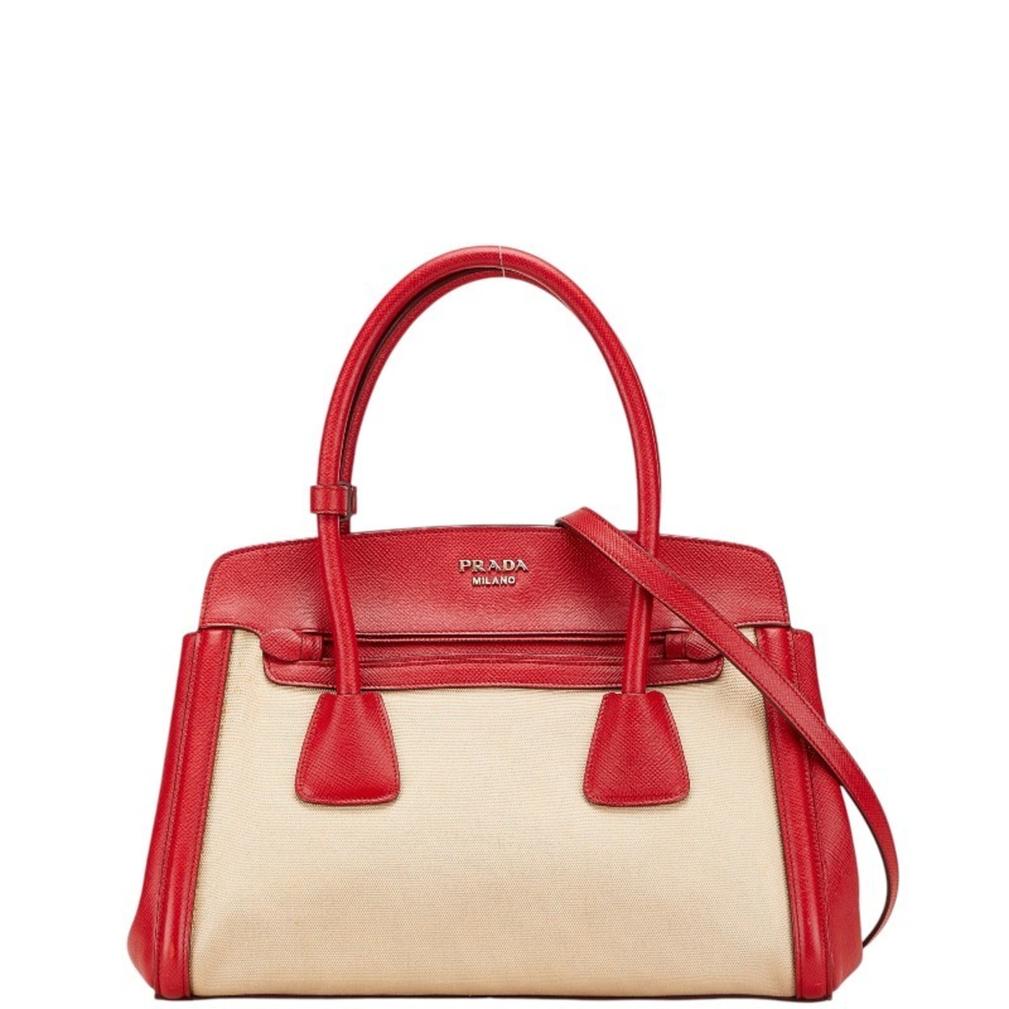 Prada Beige Red Color Canvas Leather Handbag Shoulder Bag