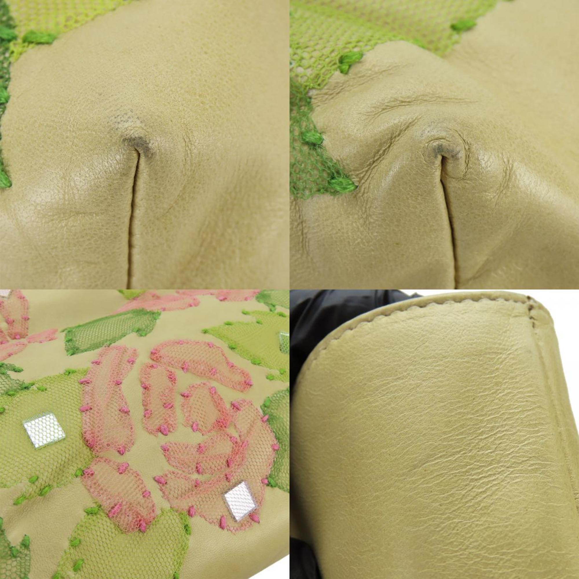 Fendi Beige Pink Green Leather Tote Bag