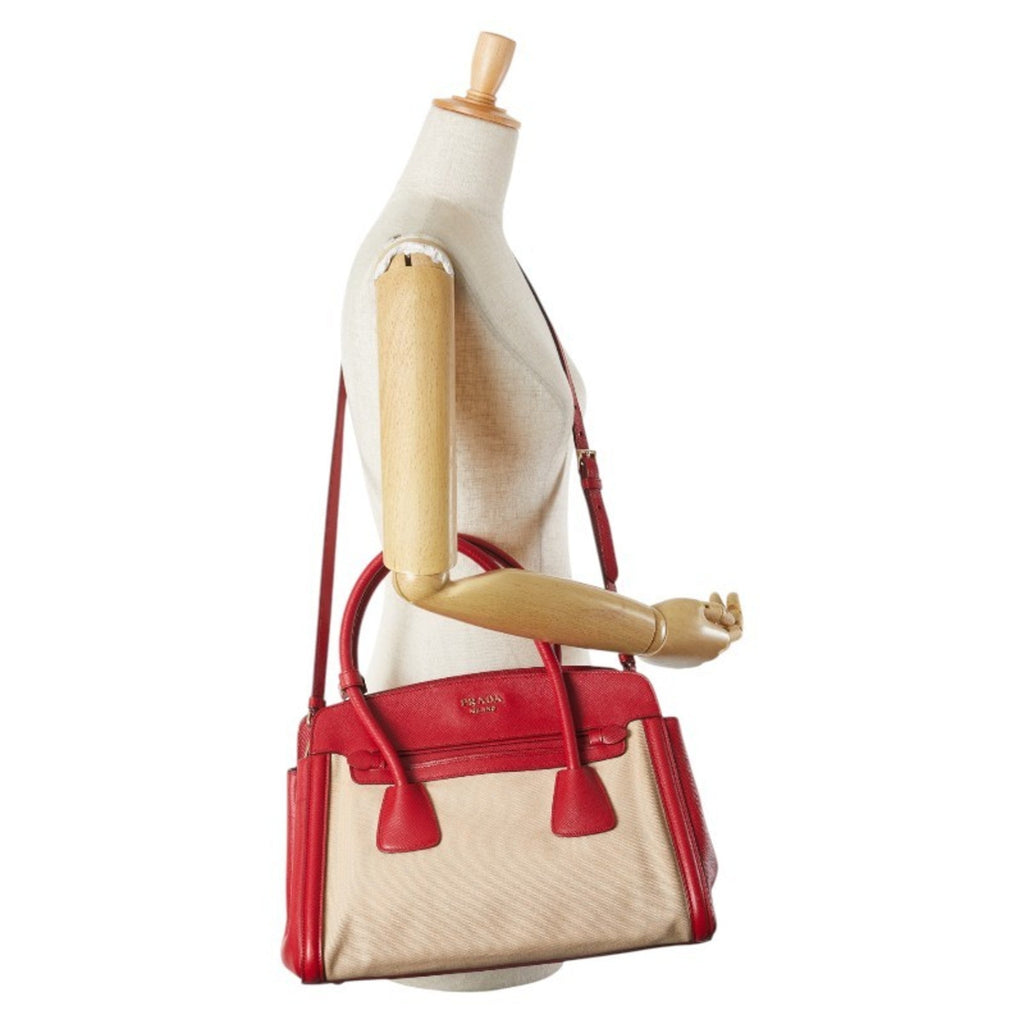 Prada Beige Red Color Canvas Leather Handbag Shoulder Bag