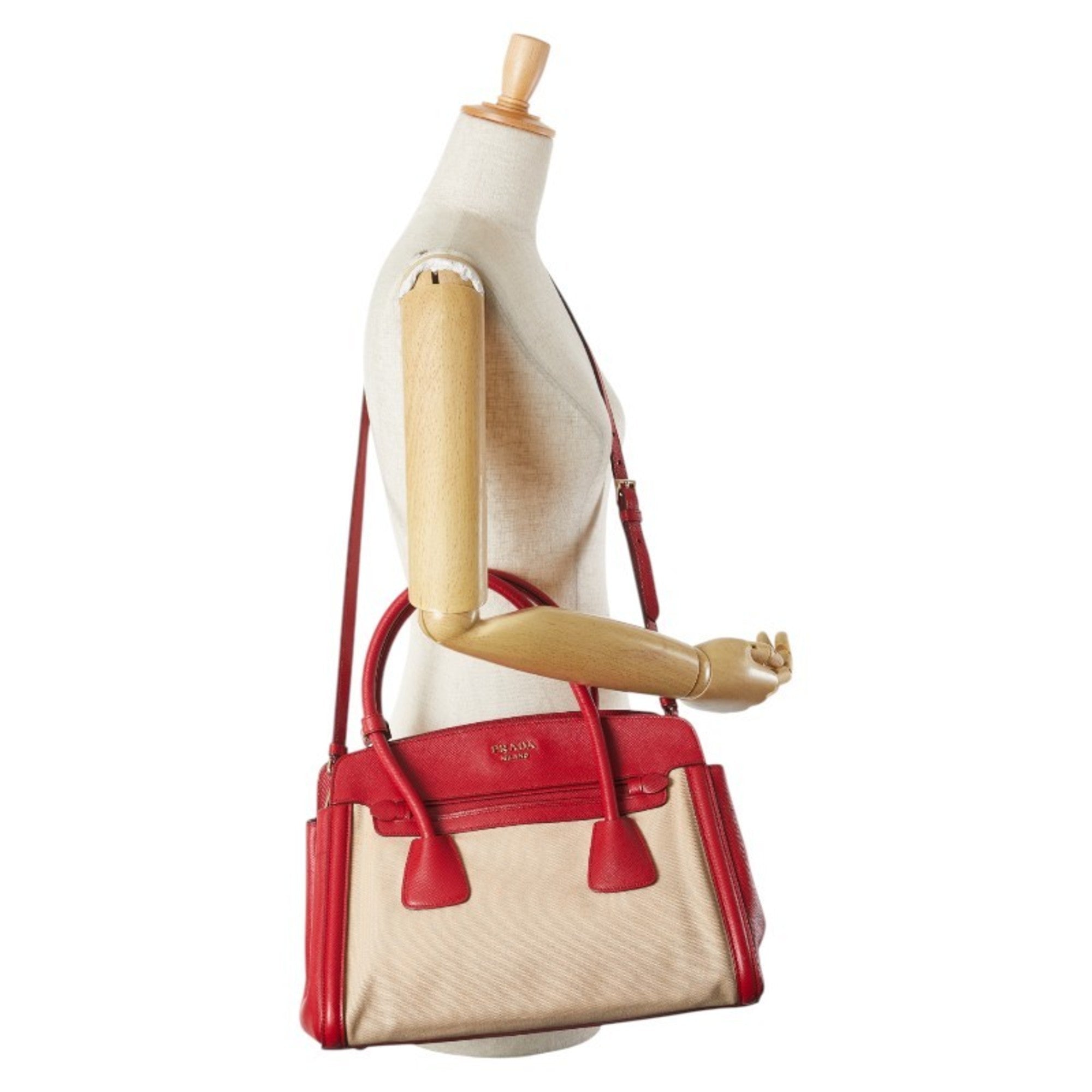 Prada Beige Red Color Canvas Leather Handbag Shoulder Bag