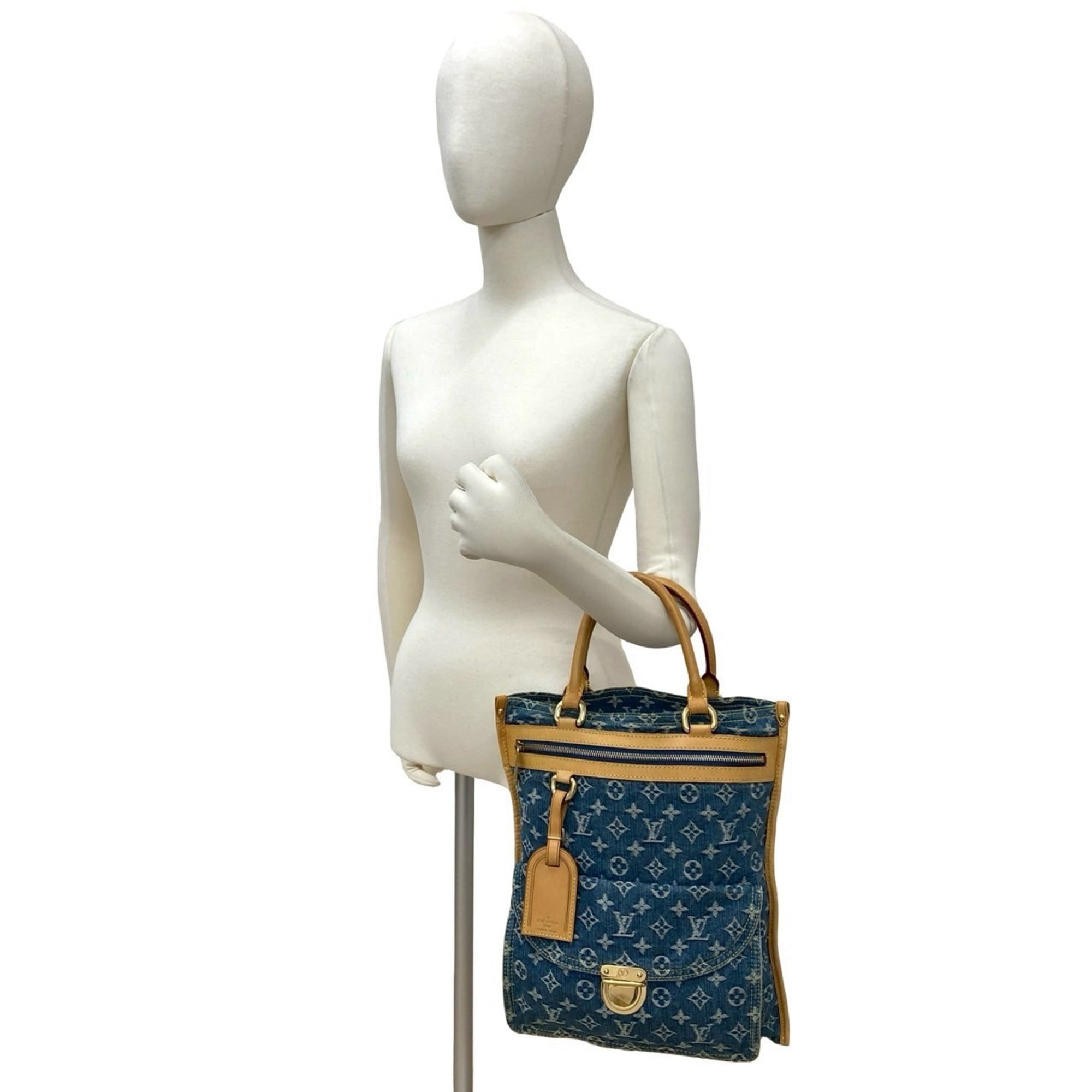 Louis Vuitton Beige Blue Denim Leather Handbag Tote Bag