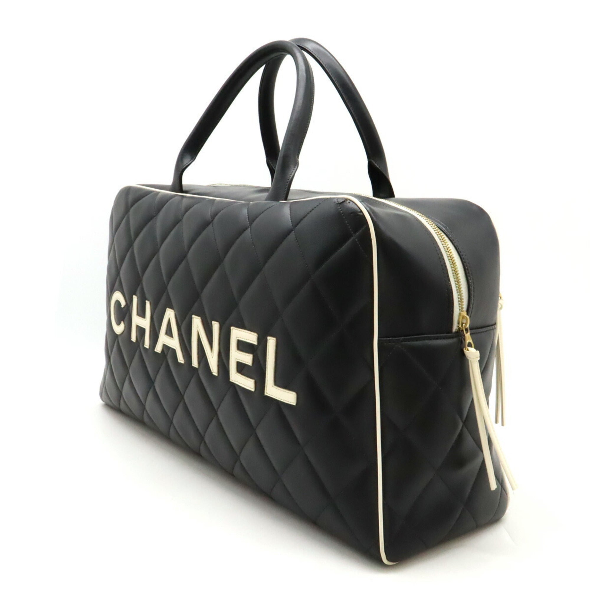 Chanel Black White Leather Boston Bag