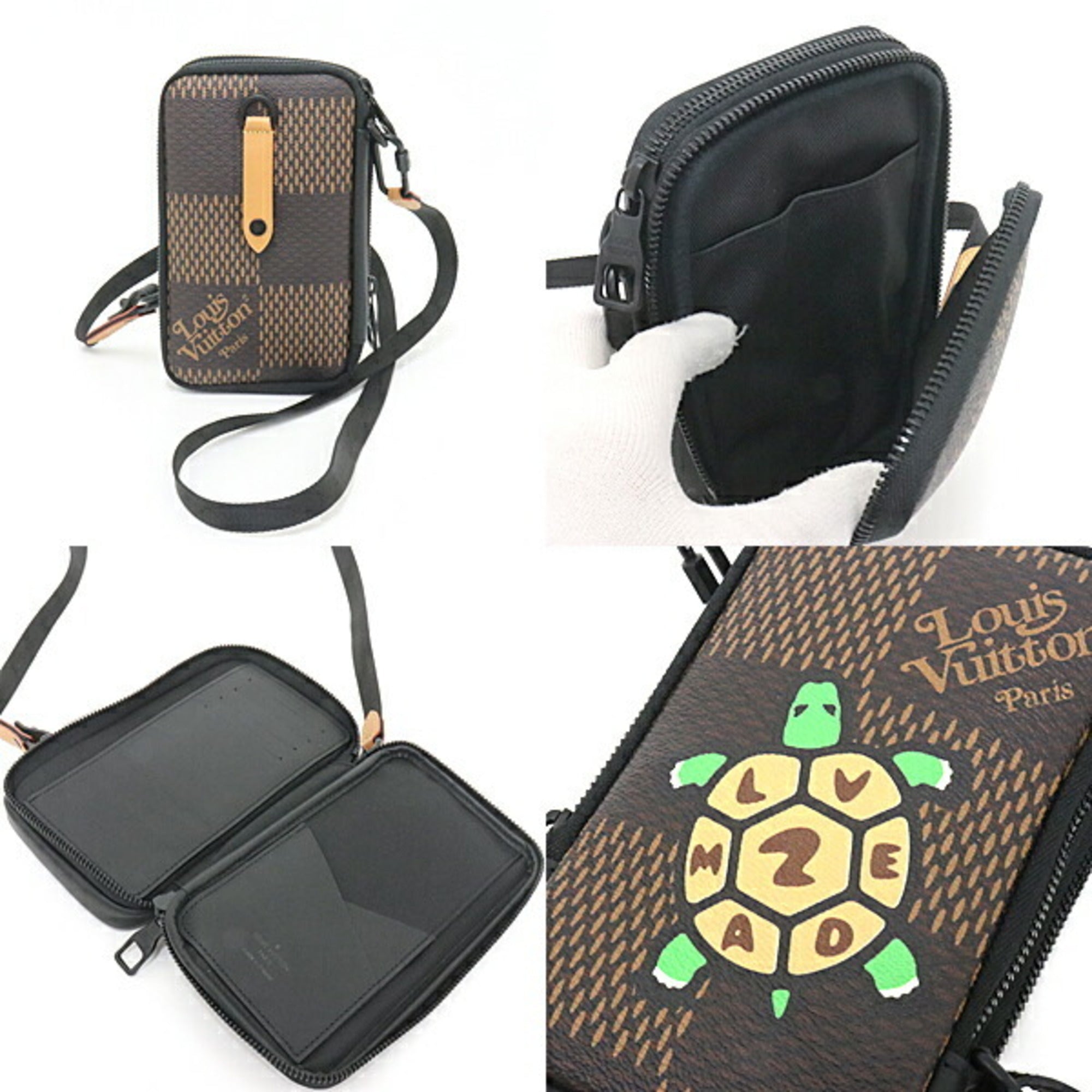 Louis Vuitton Double Phone Pouch NIGO Collaboration Damier Ebene Giant N40377 Br/Black/Multicolor Tortoise Shoulder Bag Wallet Crossbody