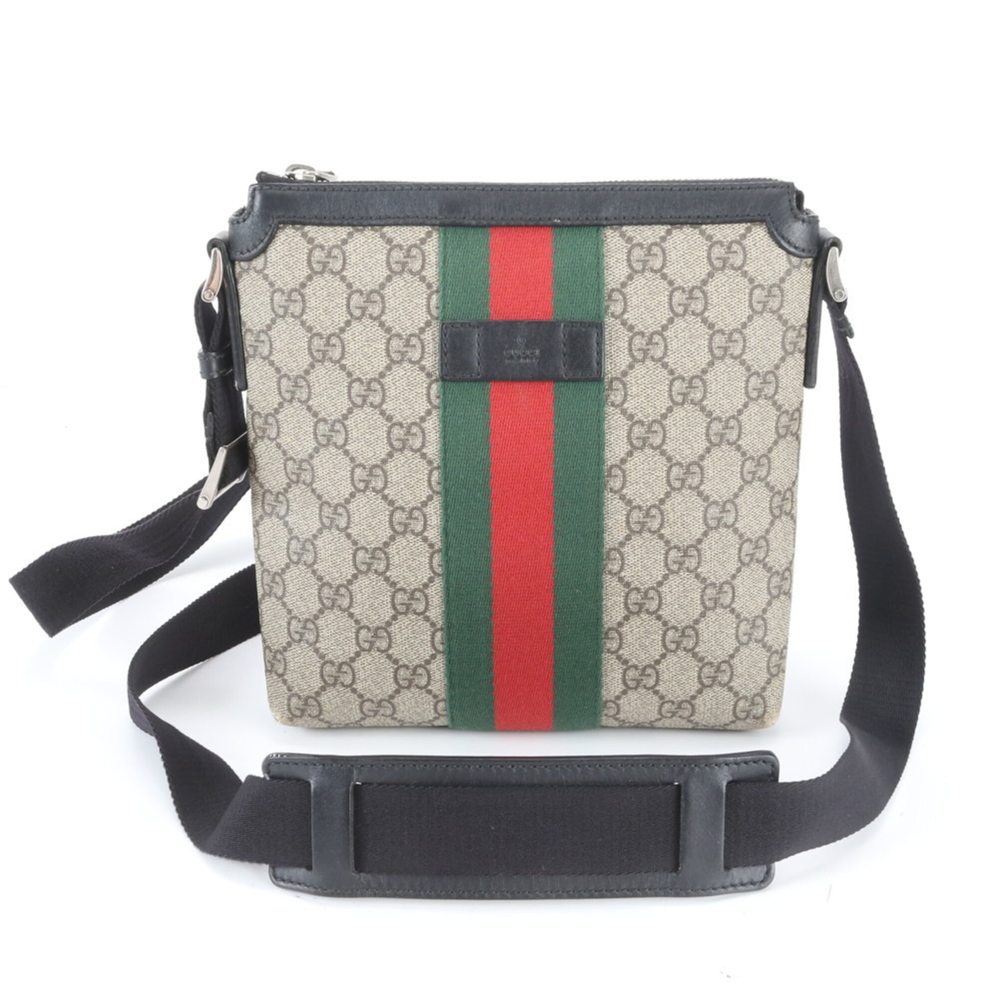 Gucci Beige Black Red Color Leather Coated Canvas Messenger Bag Shoulder Bag (Pre-Owned)