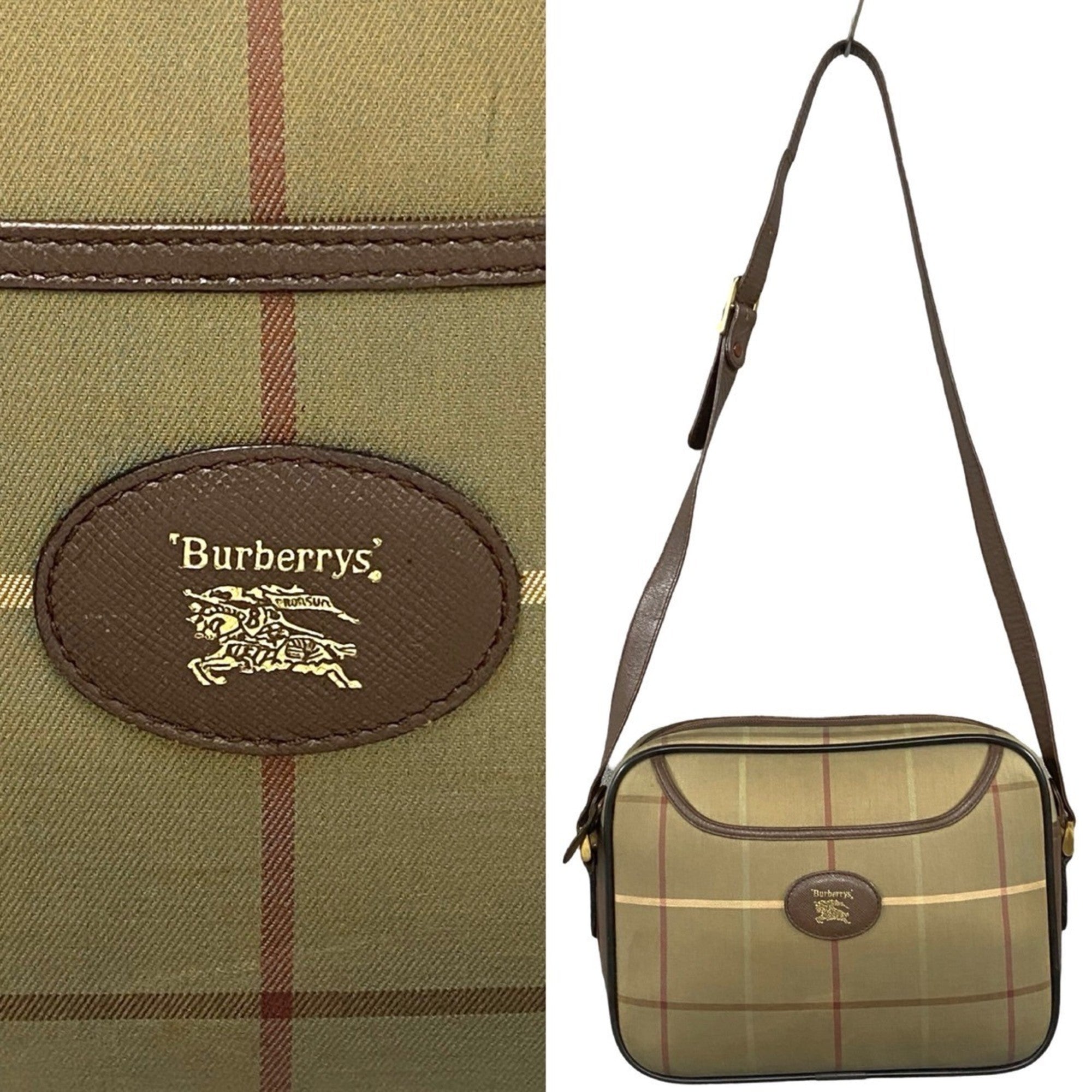 Burberry Brown Khaki Leather Canvas Pochette Shoulder Bag