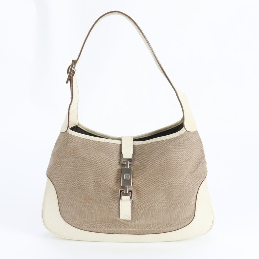 Gucci Beige Leather Canvas Handbag Shoulder Bag Tote Bag (Pre-Owned)