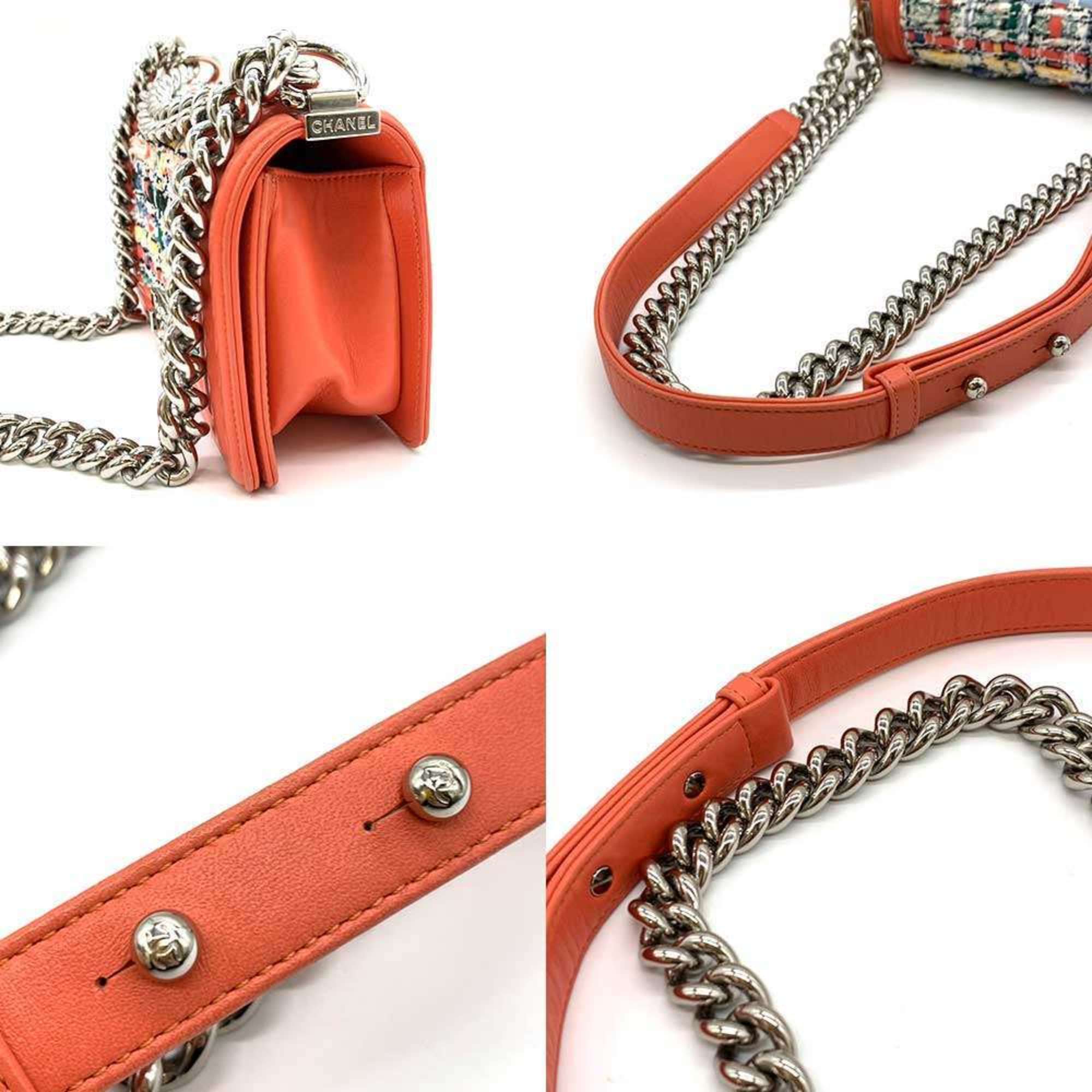 Chanel Boy Chanel Coral Orange Multi-Color Tweed Leather Shoulder Bag
