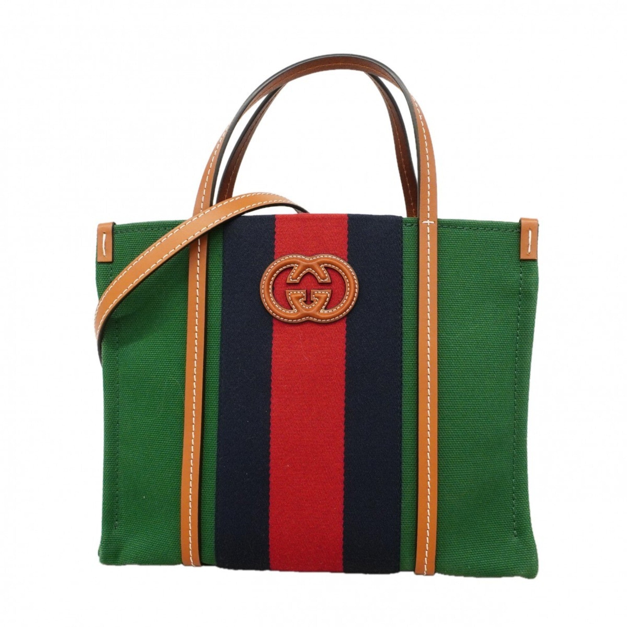 Gucci Brown Green Canvas Tote Bag (Pre-Owned)