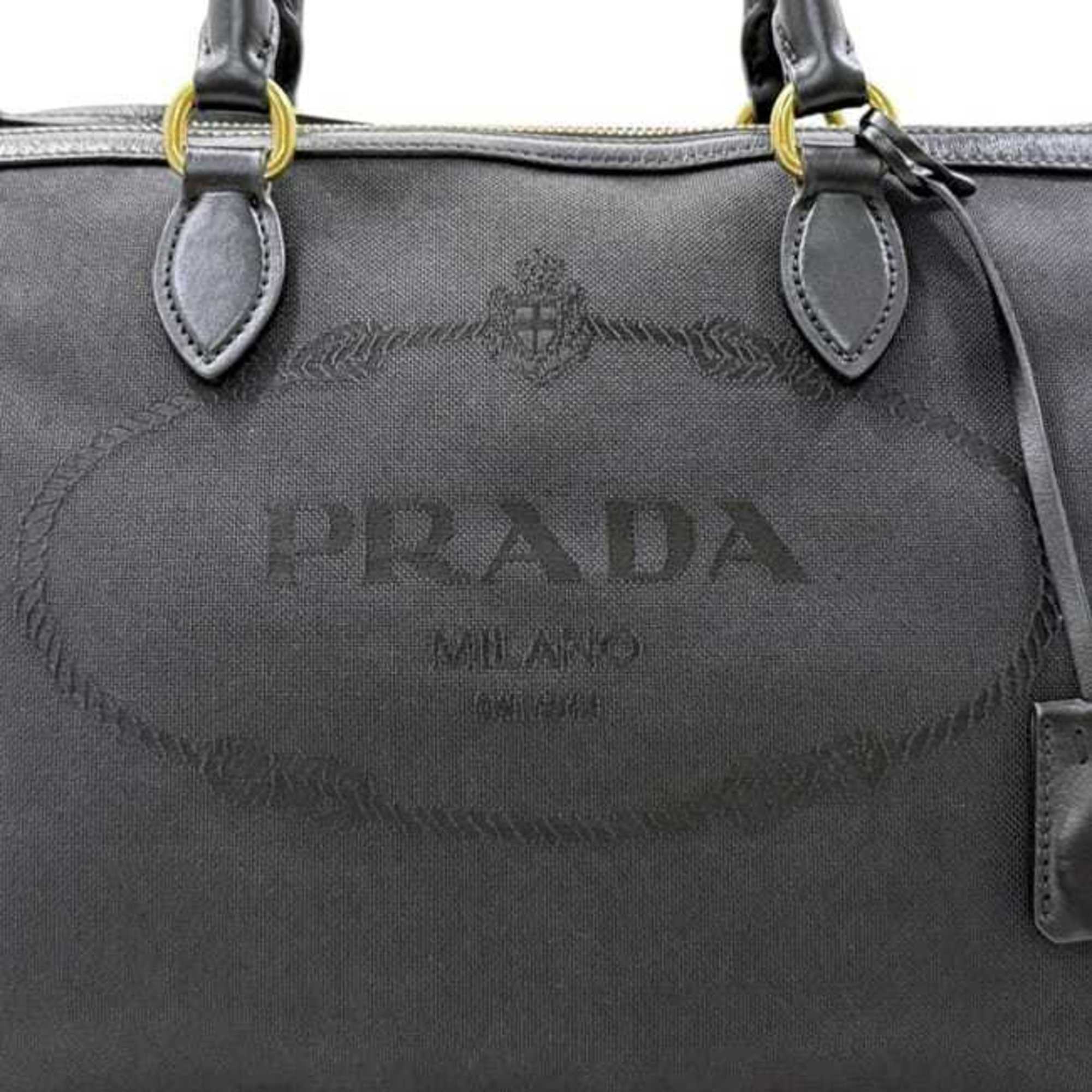 Prada Black Nero Canvas Jacquard Leather Shoulder Bag Tote Bag