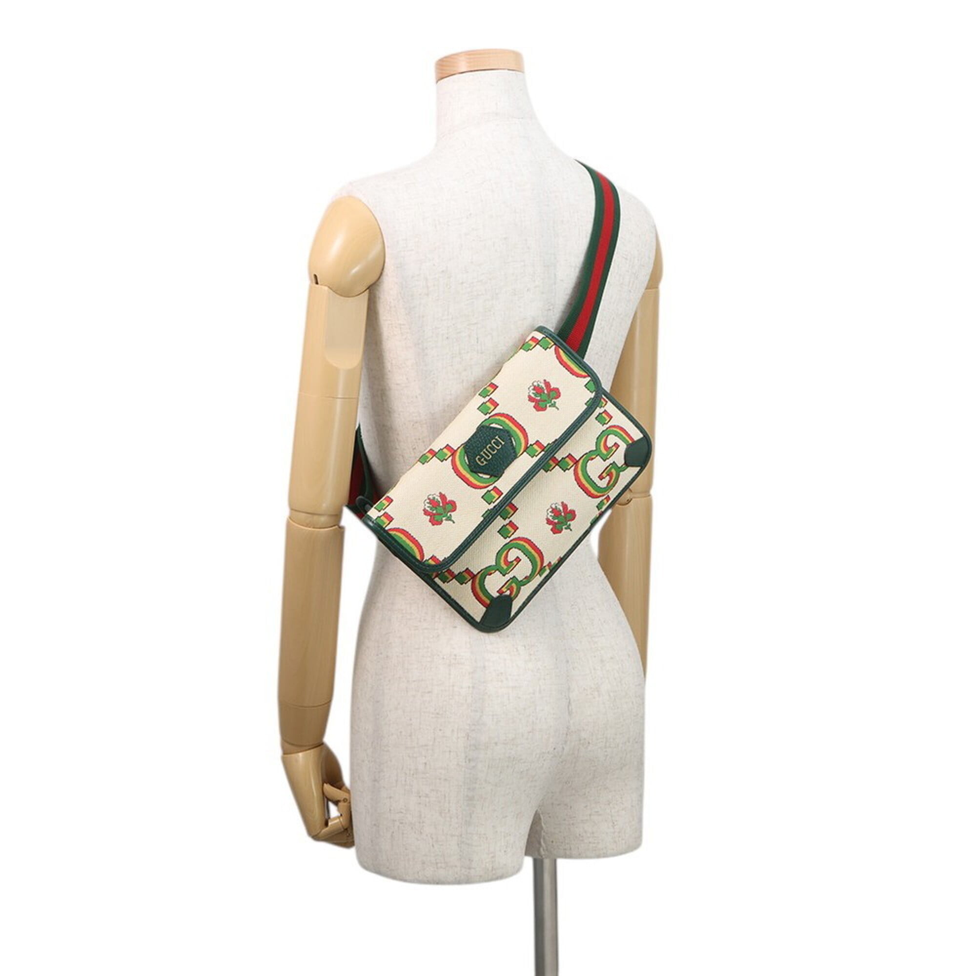 Gucci Beige Green Canvas Handbag Sling Bag (Pre-Owned)
