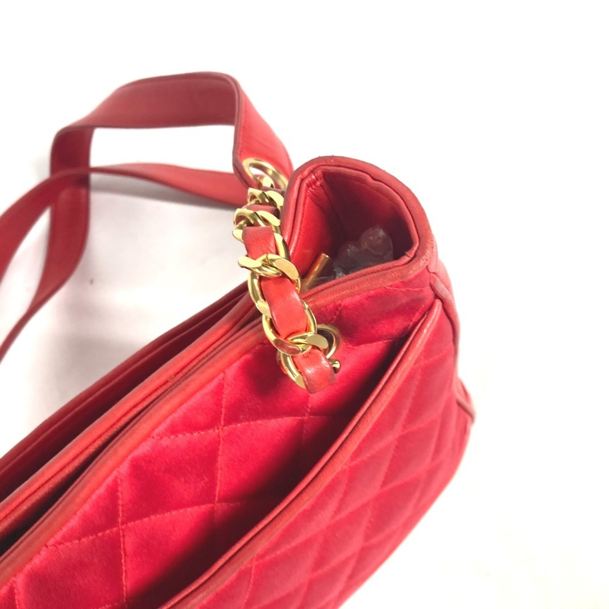 Chanel Red Color Satin Leather Shoulder Bag Tote Bag