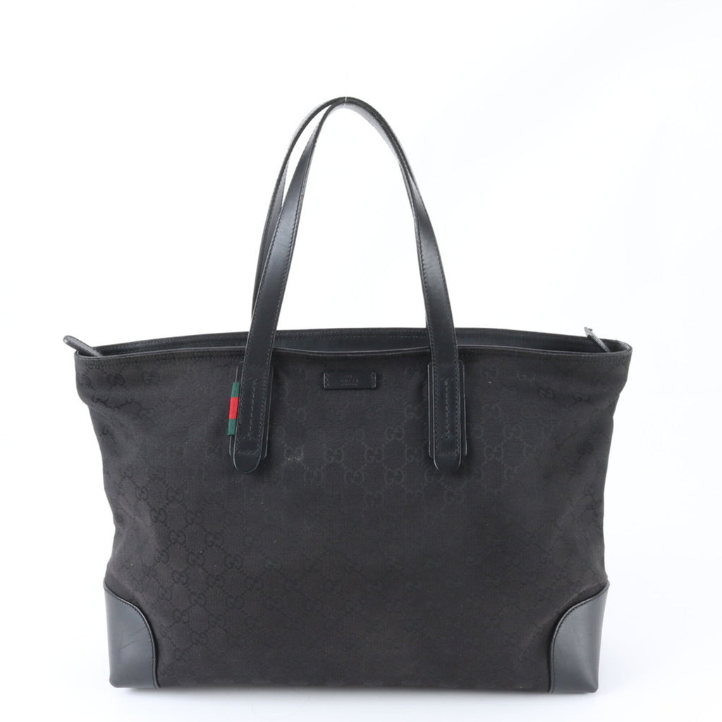 Gucci Black Leather Canvas Shoulder Bag Tote Bag (Pre-Owned)