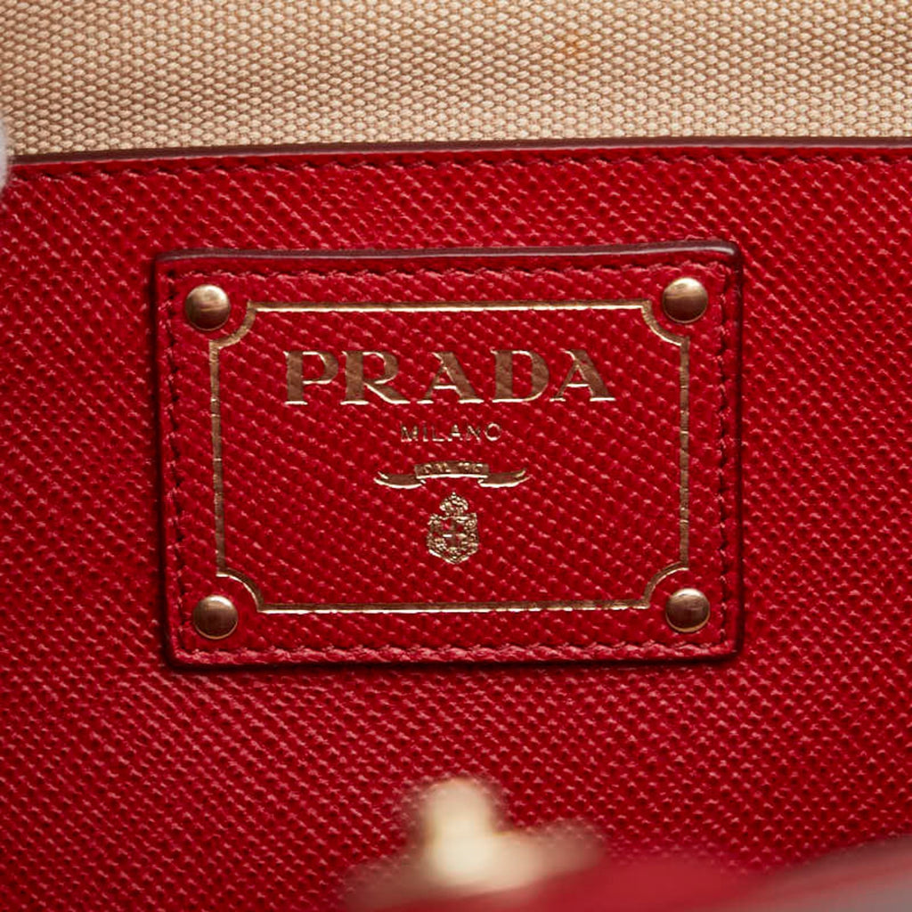 Prada Beige Red Color Canvas Leather Handbag Shoulder Bag