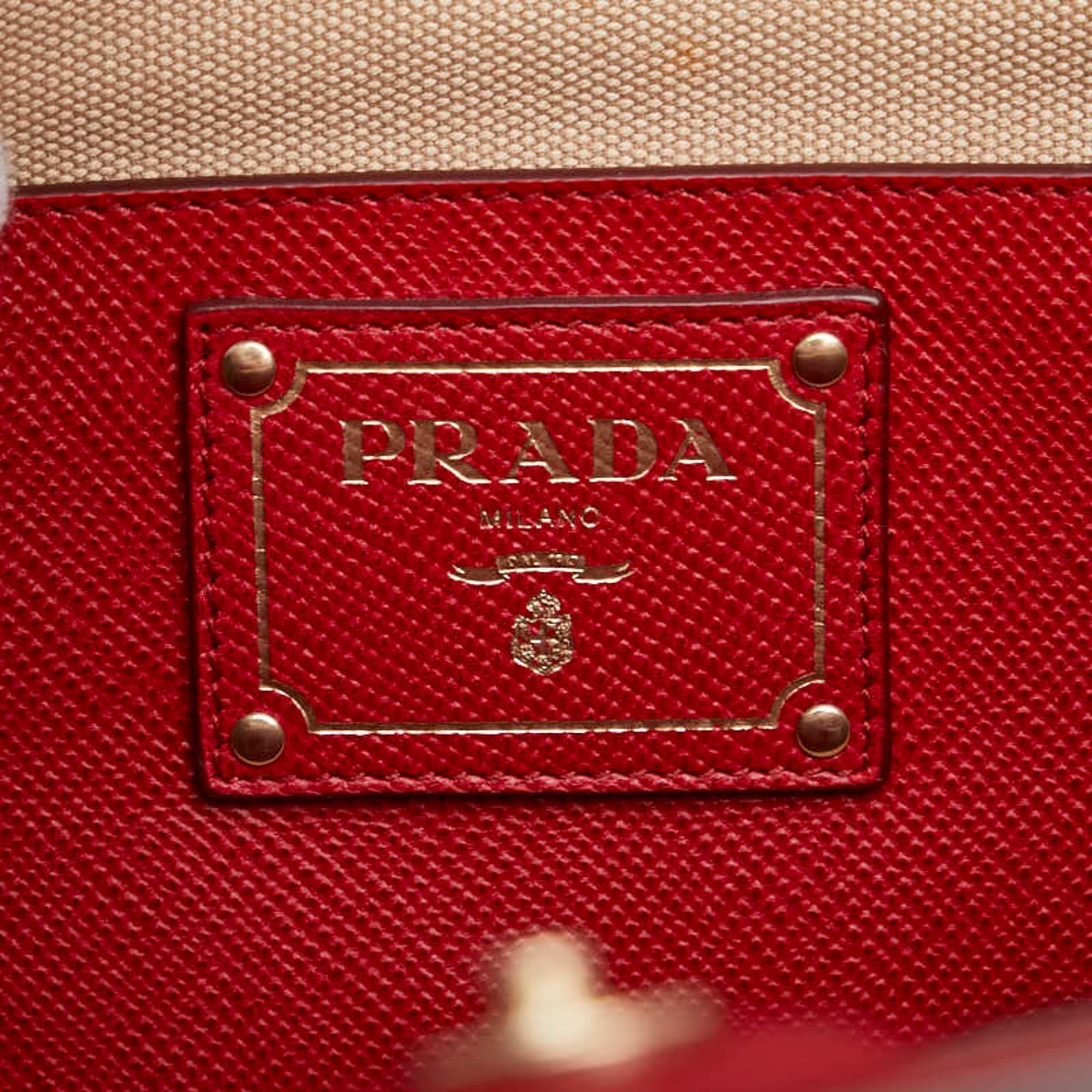Prada Beige Red Color Canvas Leather Handbag Shoulder Bag