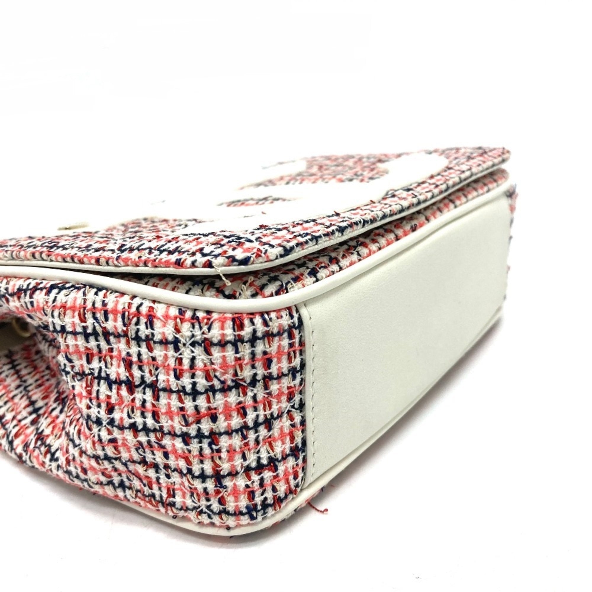 Chanel Red Color White Tweed Leather Pochette Shoulder Bag