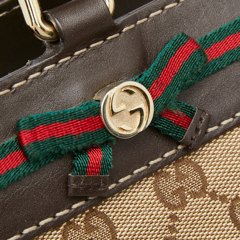 Gucci Gg Canvas Beige Brown Gg Canvas Leather Handbag Tote Bag (Pre-Owned)