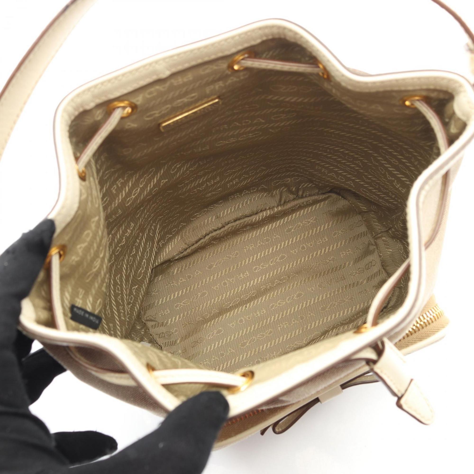 Prada Beige White Canvas Leather Handbag