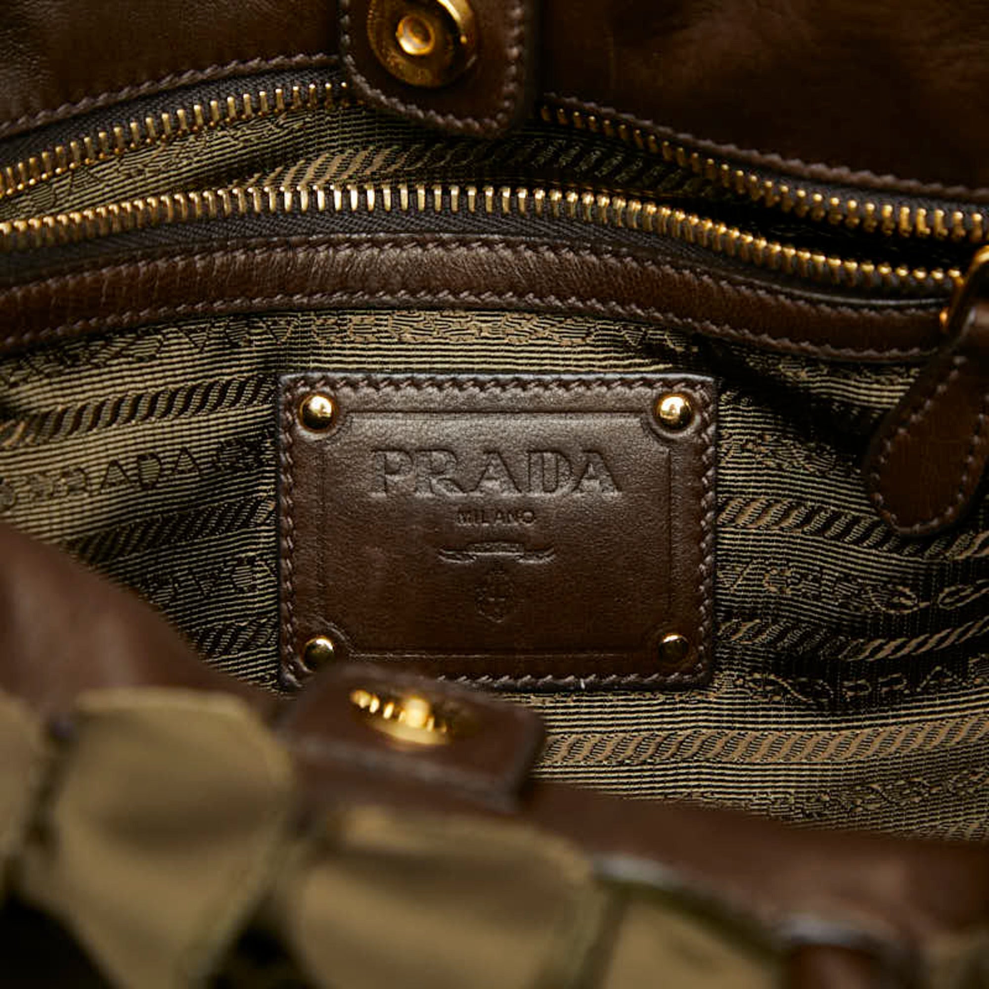 Prada Brown Khaki Nylon Leather Handbag Tote Bag