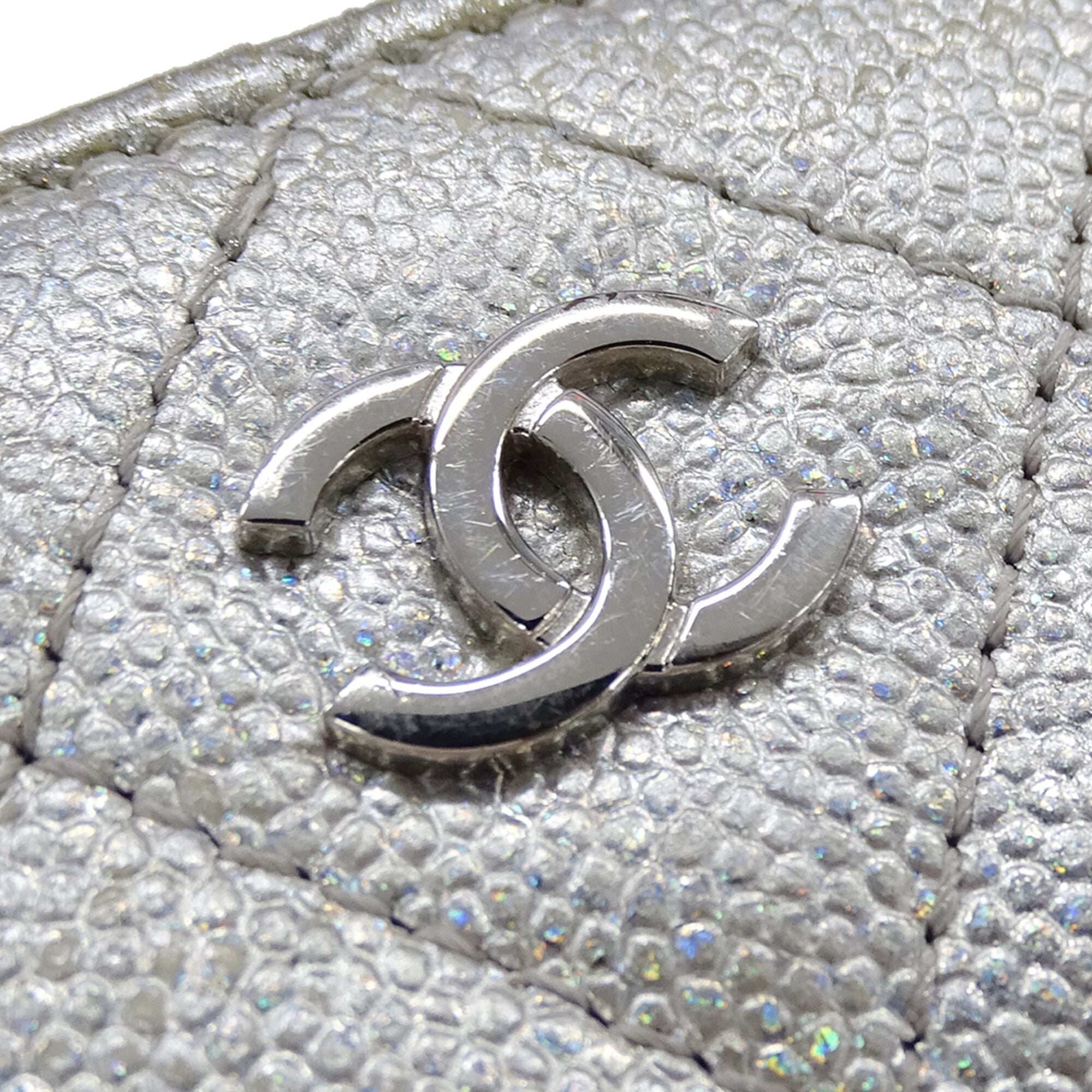 Chanel Silver Grained Calfskin Chain/Shoulder Wallet