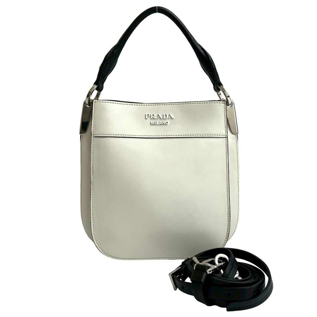 Prada Black White Leather Handbag Shoulder Bag Tote Bag