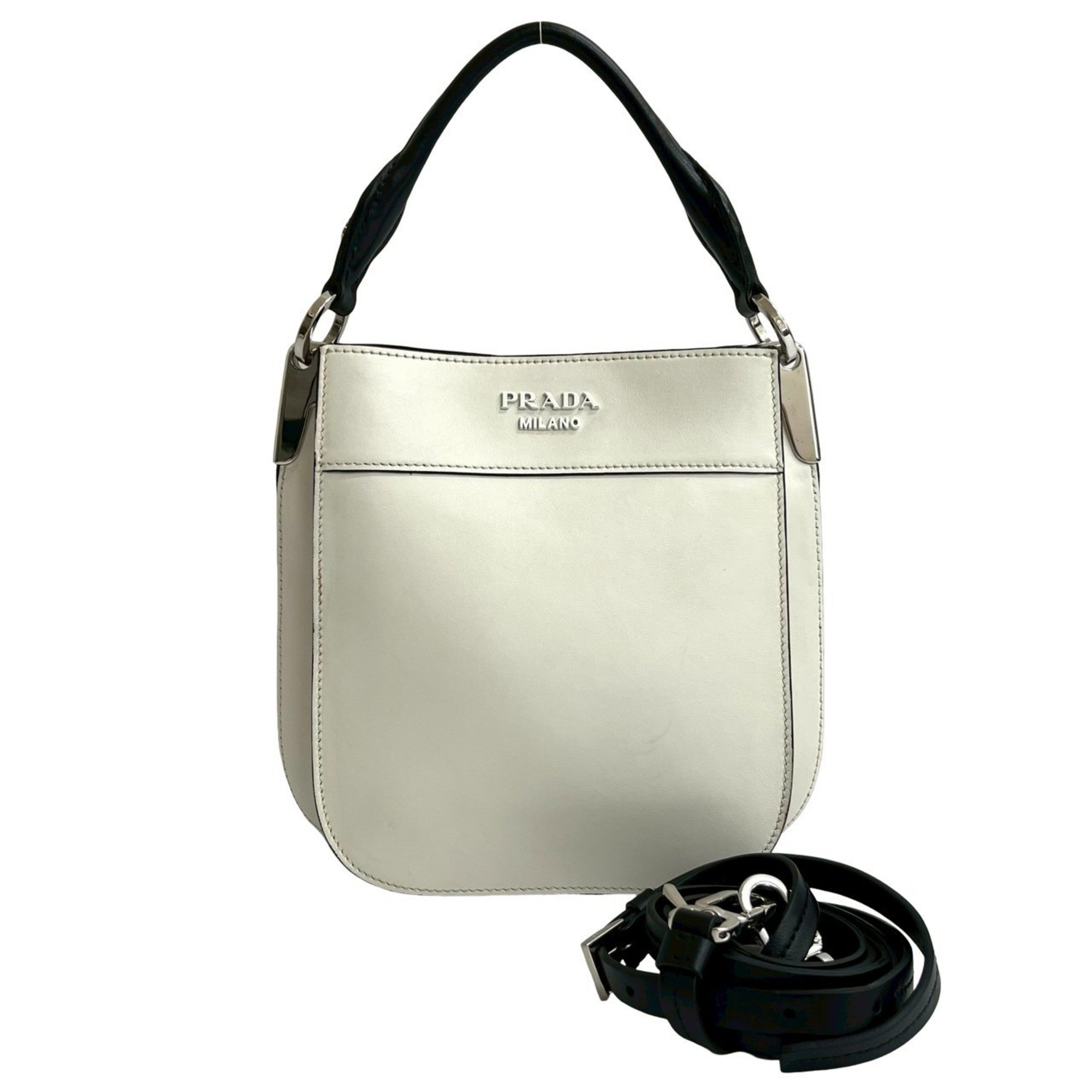 Prada Black White Leather Handbag Shoulder Bag Tote Bag