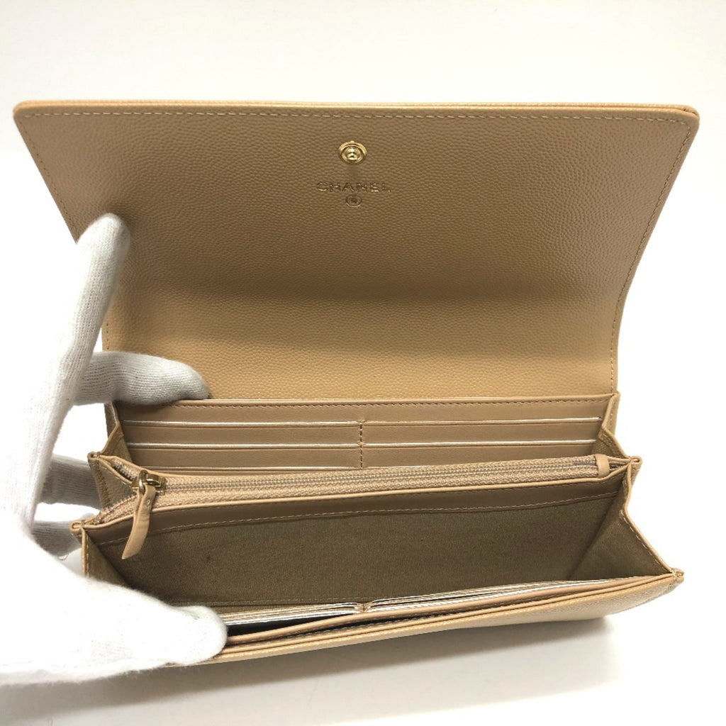 Chanel Beige Leather Long Wallet (Bi-Fold)