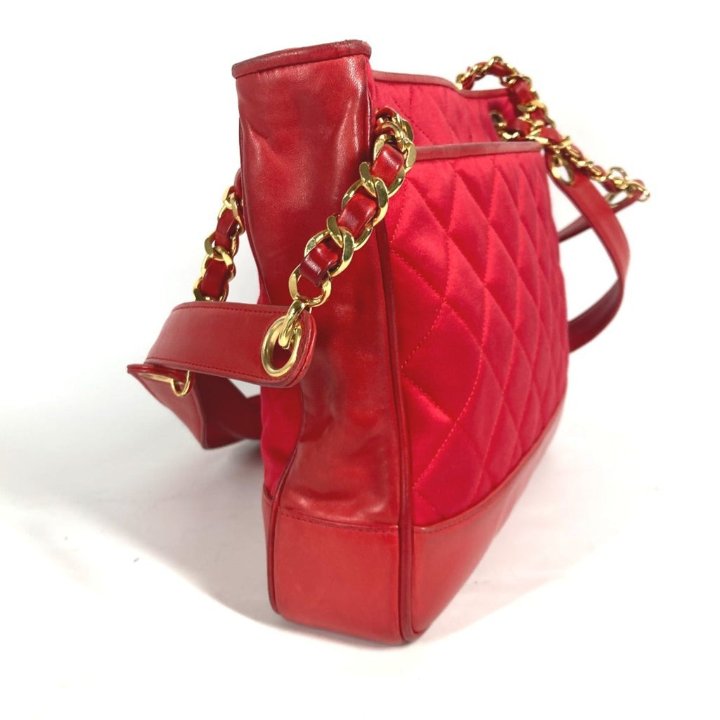 Chanel Red Color Satin Leather Shoulder Bag Tote Bag