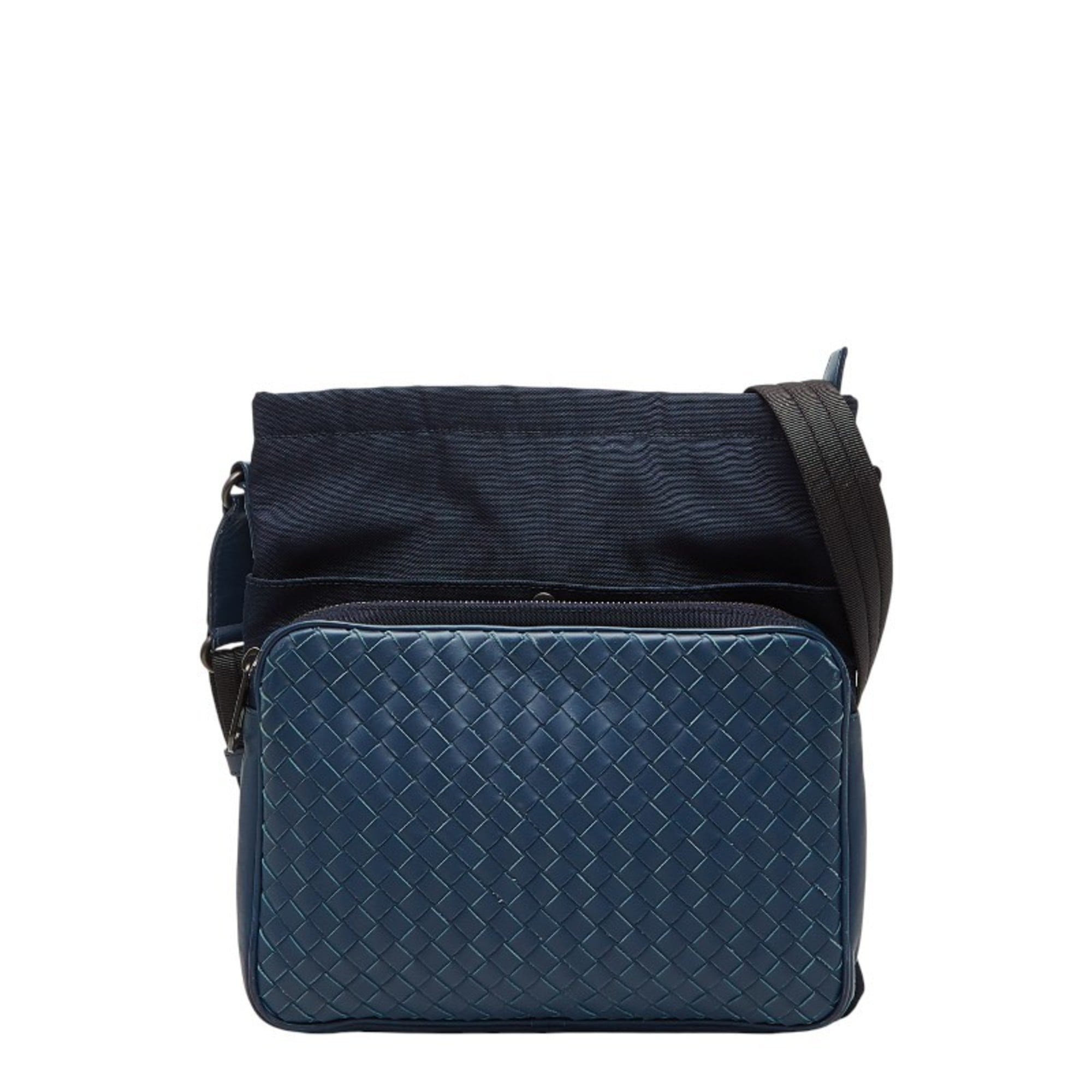 Bottega Veneta Blue Navy Leather Nylon Shoulder Bag