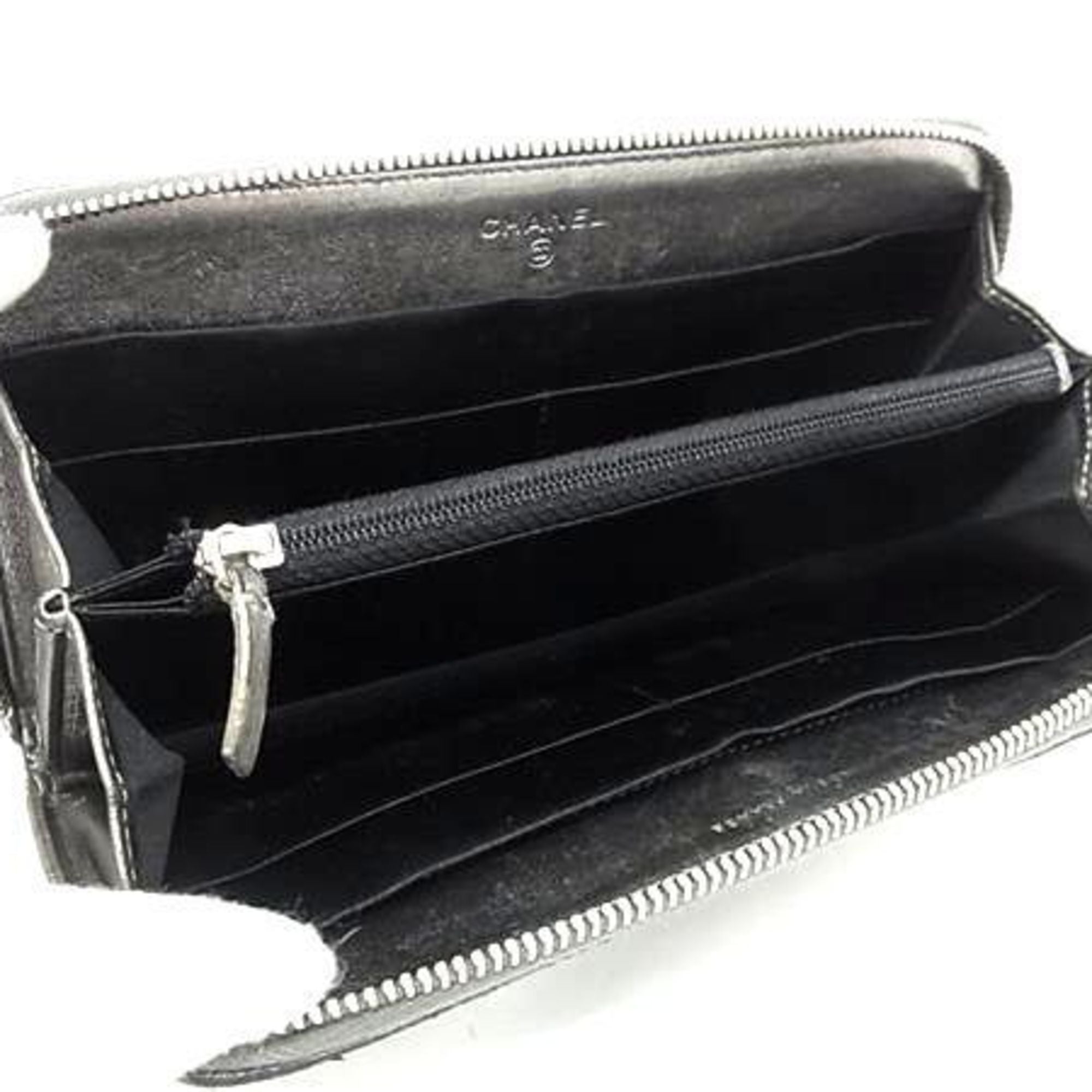 Chanel Gray Leather Long Wallet (Bi-Fold)