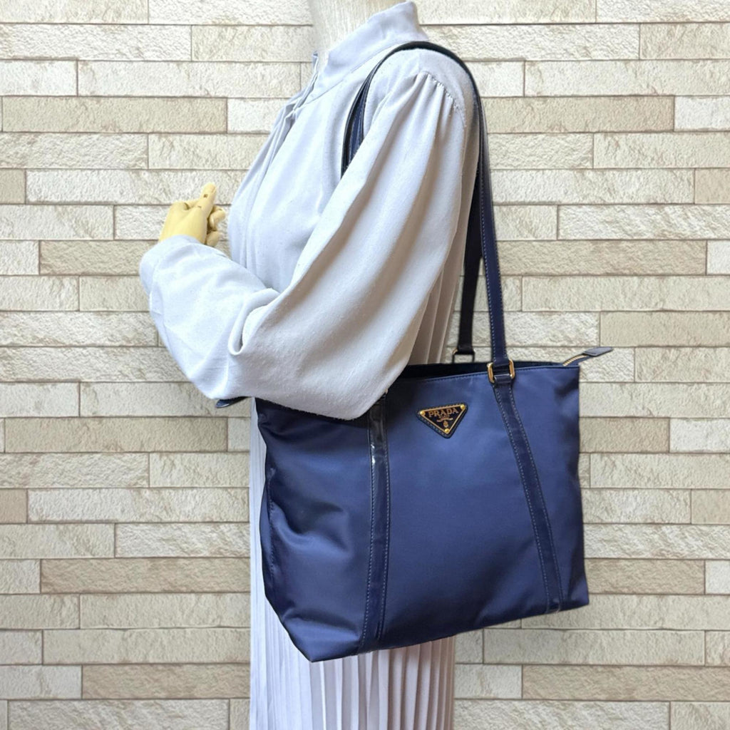 Prada Navy Nylon Leather Tote Bag